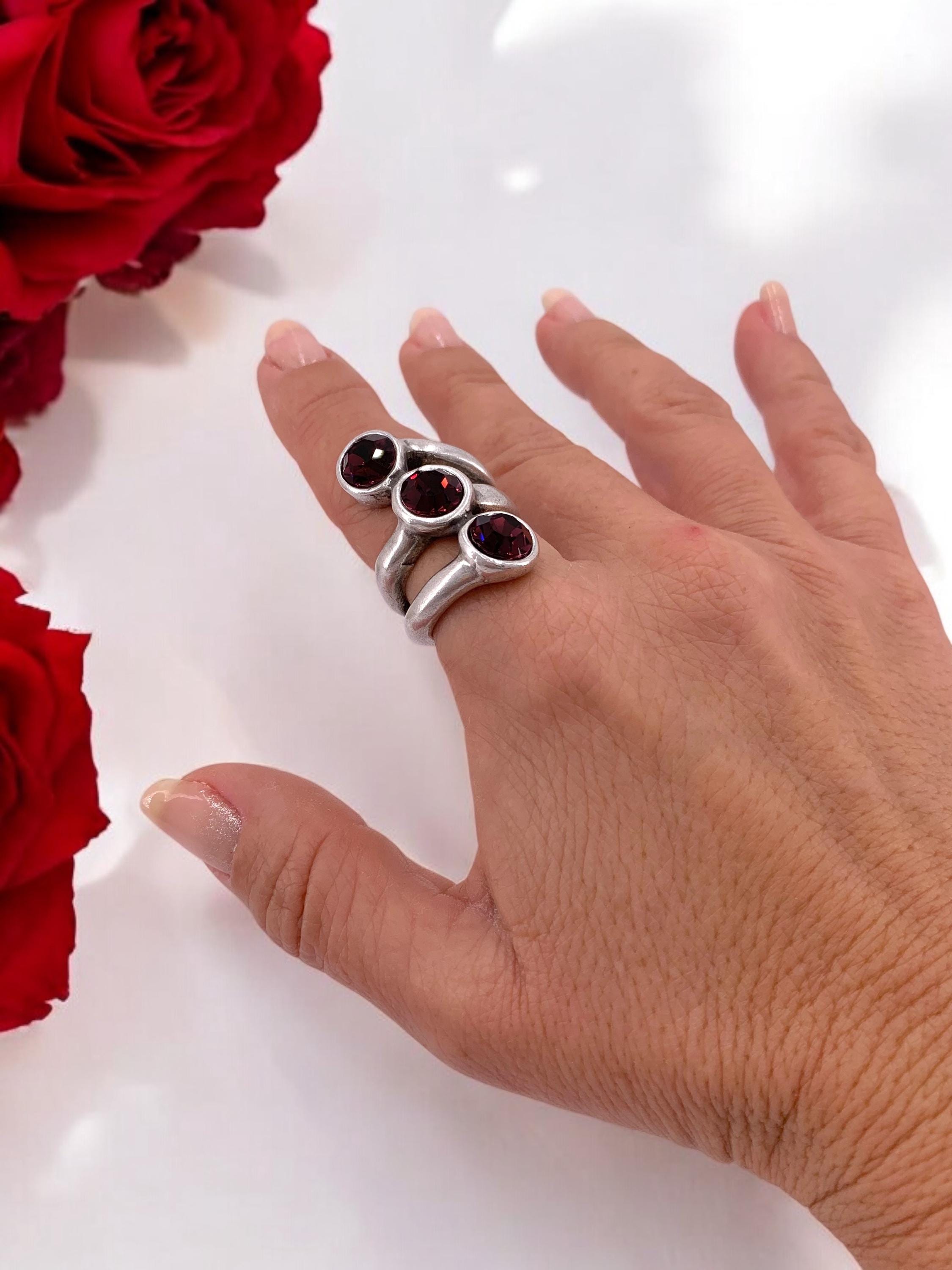 Chunky Silver Swarovski Ring – Oversized Statement Jewelry – US Size 8 – 17 Crystal Colors – Handmade Gift for Her