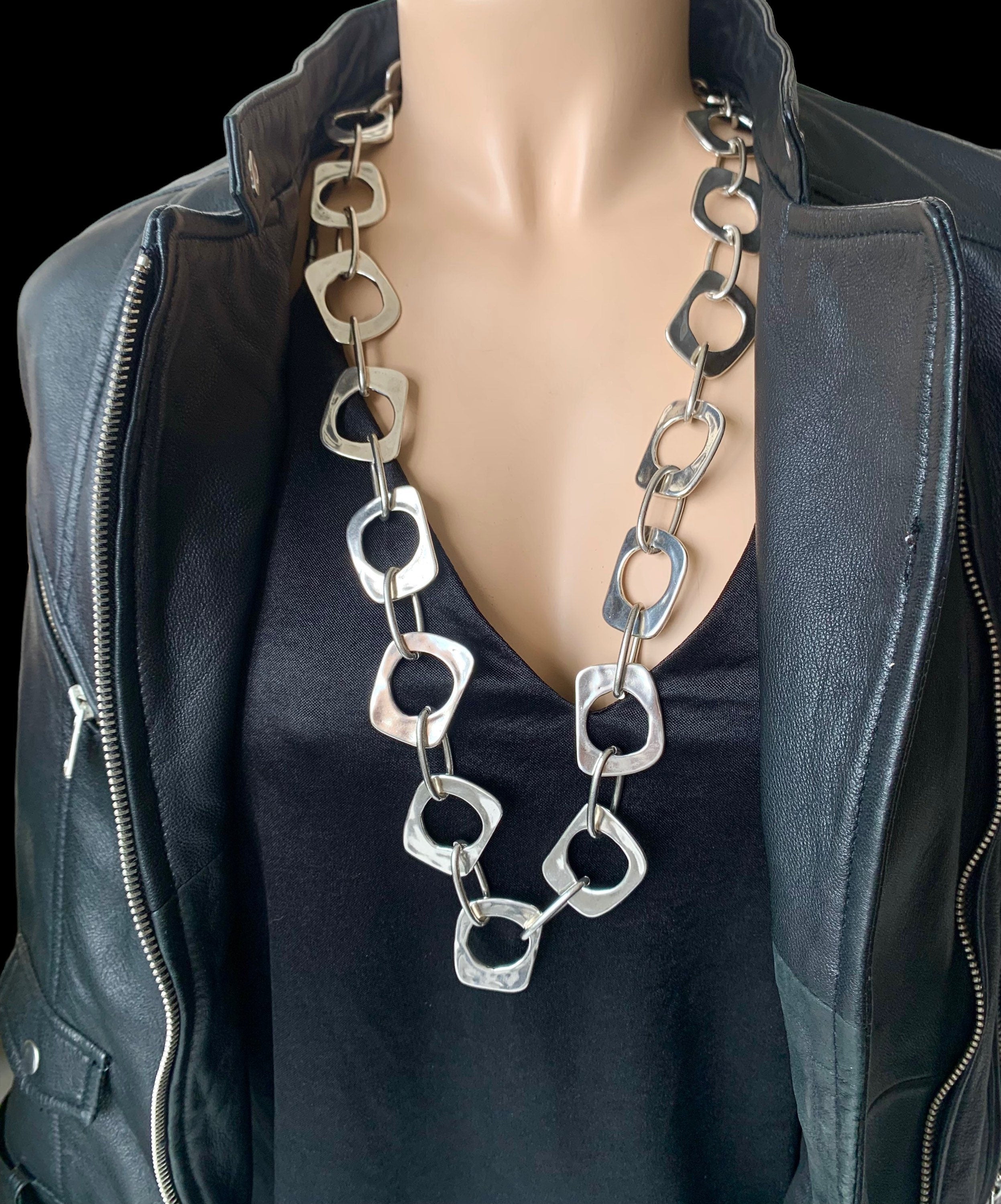 Chunky Long Silver Link Necklace – Bold Statement Jewelry – Toggle Clasp – Uno de 50 Inspired – Custom Length – Handmade Gift