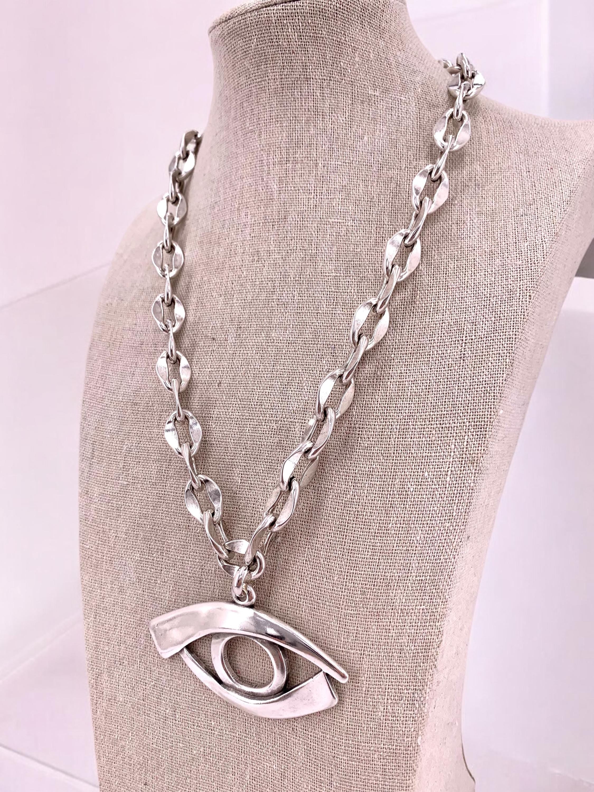 Statement protector eye pendant, chunky silver heavy chain necklace, big pendant silver chain necklace, solid necklace, chunky silver choker