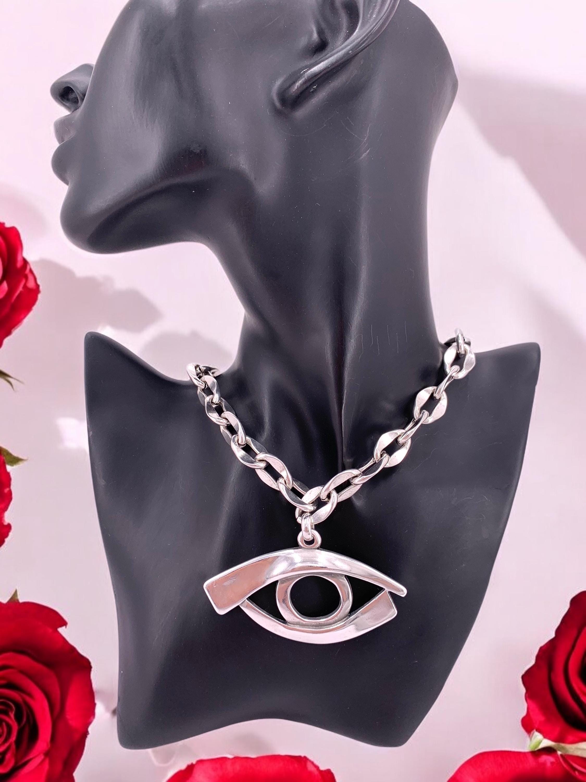 Statement protector eye pendant, chunky silver heavy chain necklace, big pendant silver chain necklace, solid necklace, chunky silver choker