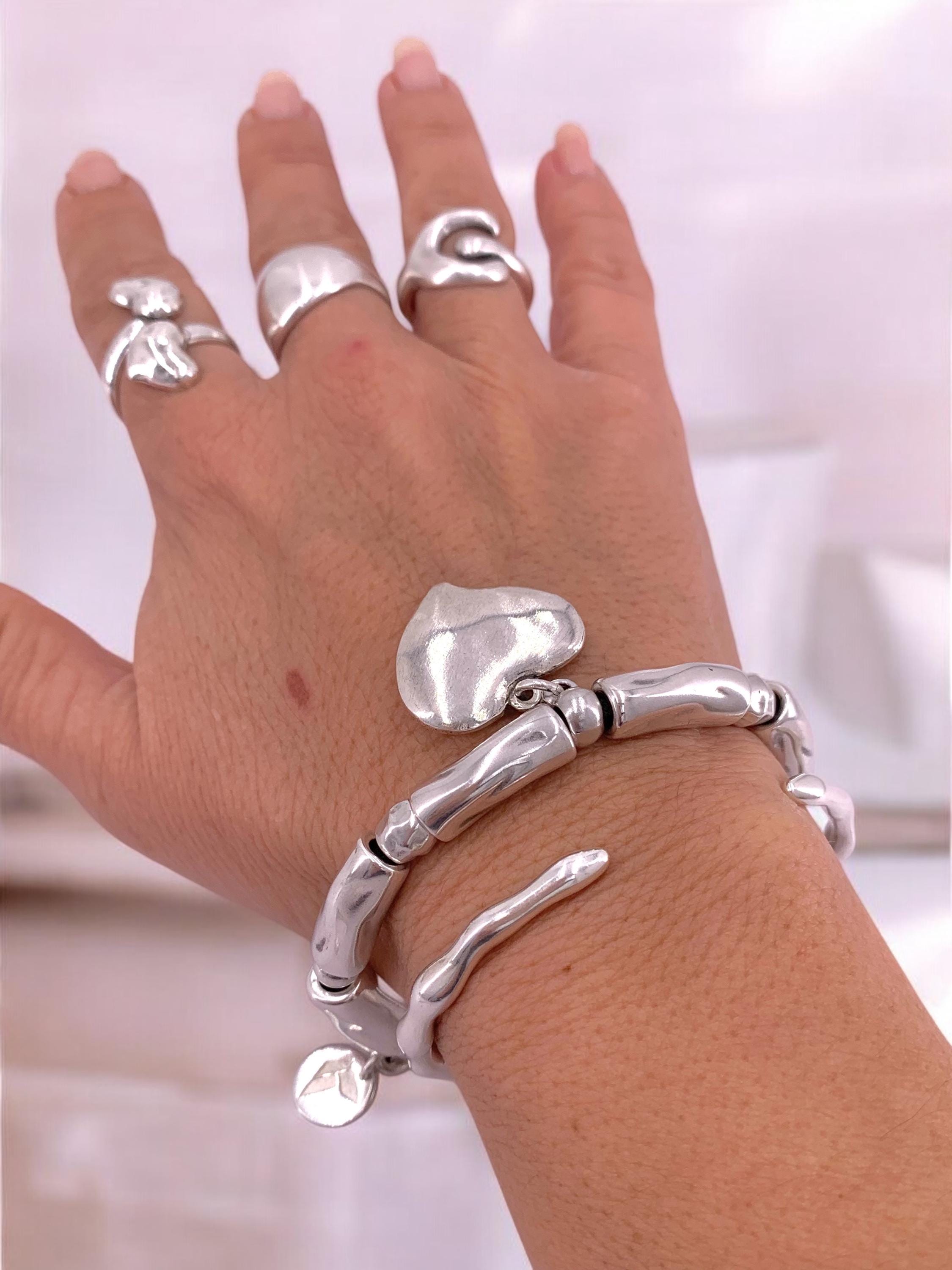 Chunky Silver Heart Bracelet – Bold Statement Jewelry – Adjustable Fit – Uno de 50 Inspired – Handmade Gift for Her, statement silver cuff