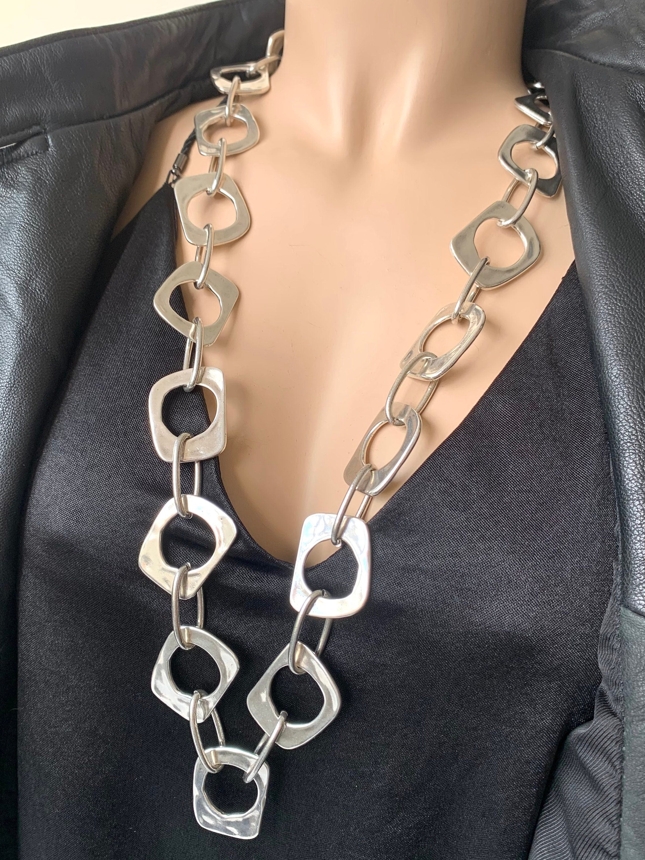 Chunky Long Silver Link Necklace – Bold Statement Jewelry – Toggle Clasp – Uno de 50 Inspired – Custom Length – Handmade Gift