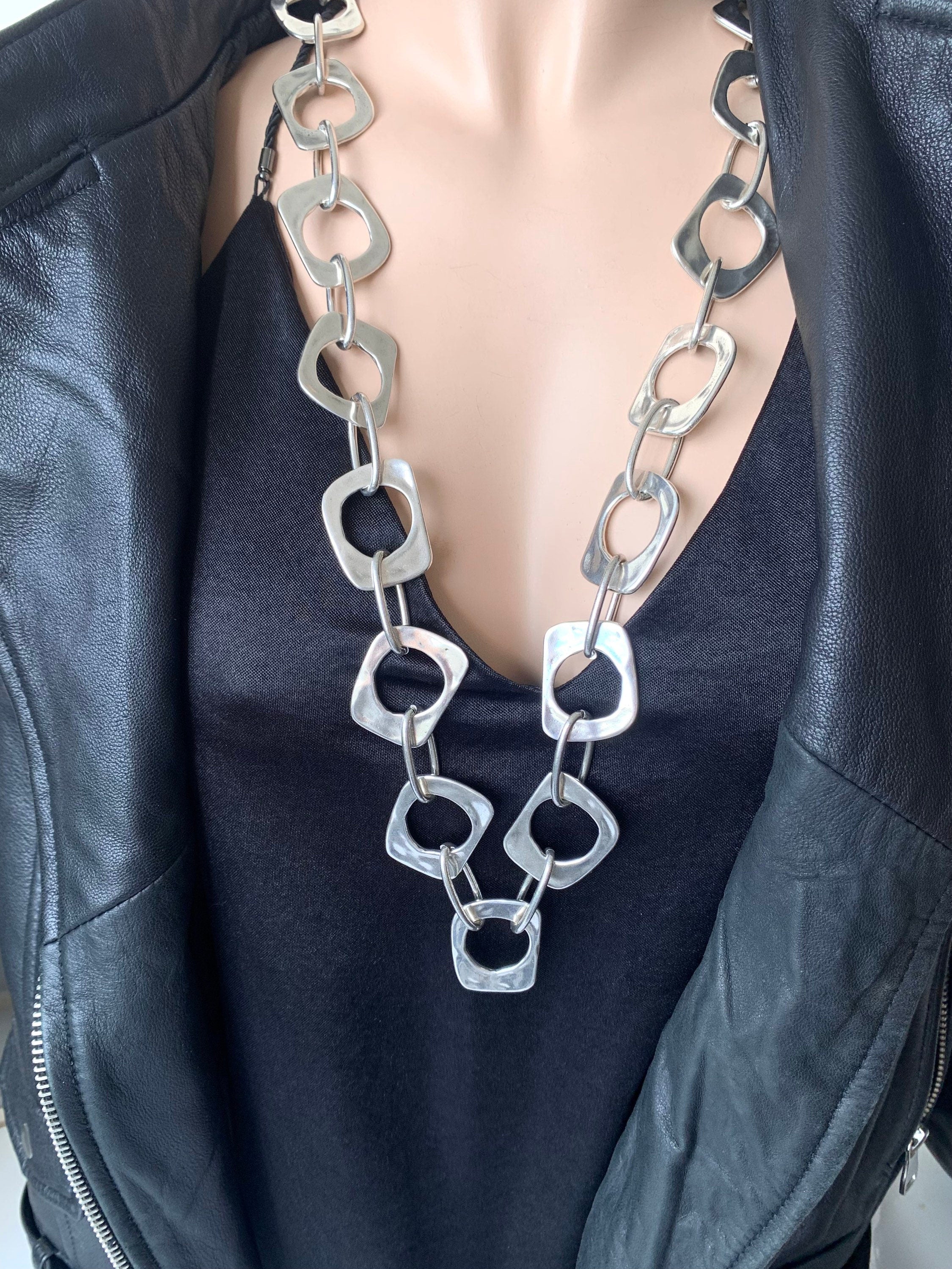 Chunky Long Silver Link Necklace – Bold Statement Jewelry – Toggle Clasp – Uno de 50 Inspired – Custom Length – Handmade Gift