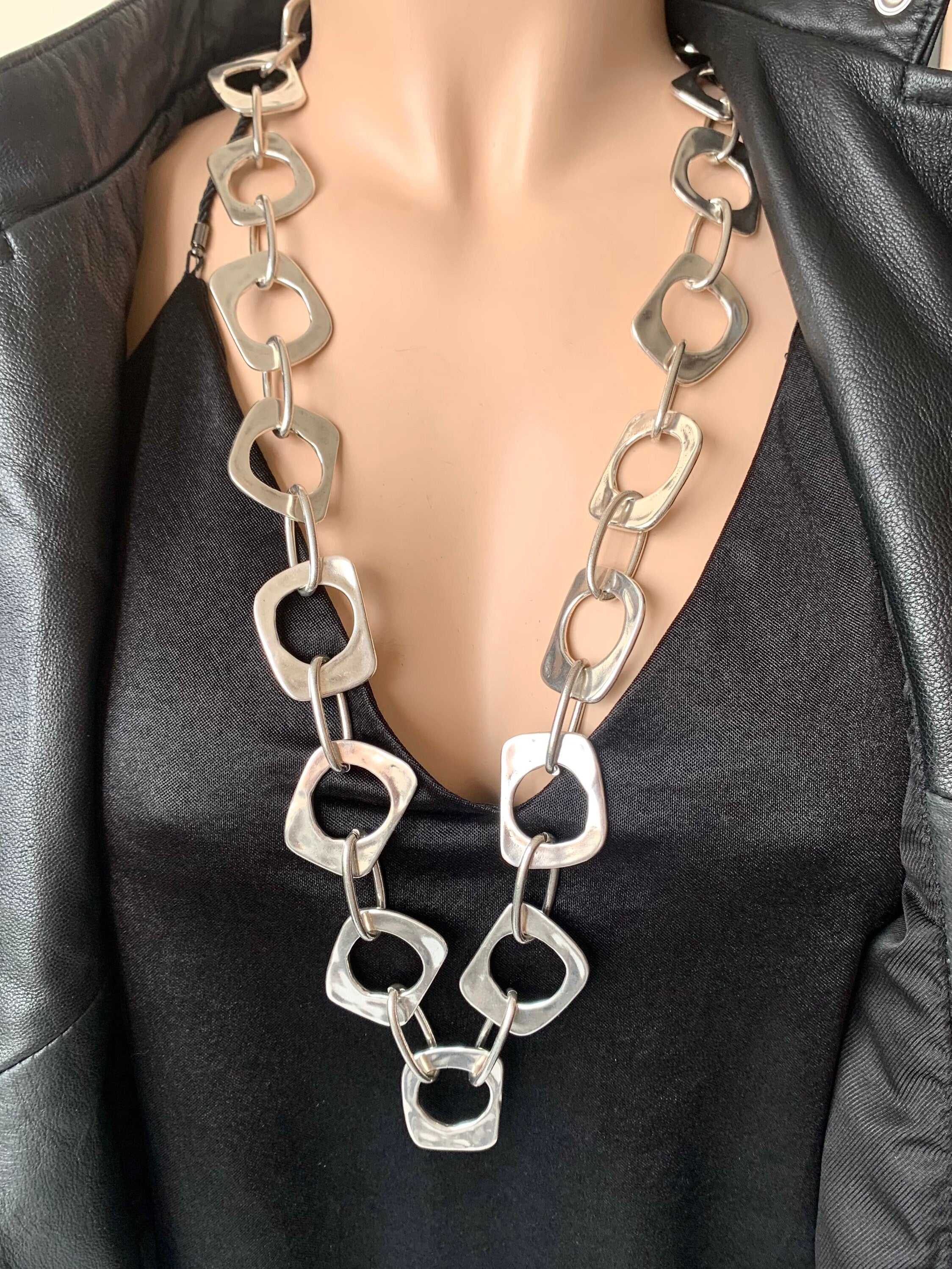 Chunky Long Silver Link Necklace – Bold Statement Jewelry – Toggle Clasp – Uno de 50 Inspired – Custom Length – Handmade Gift