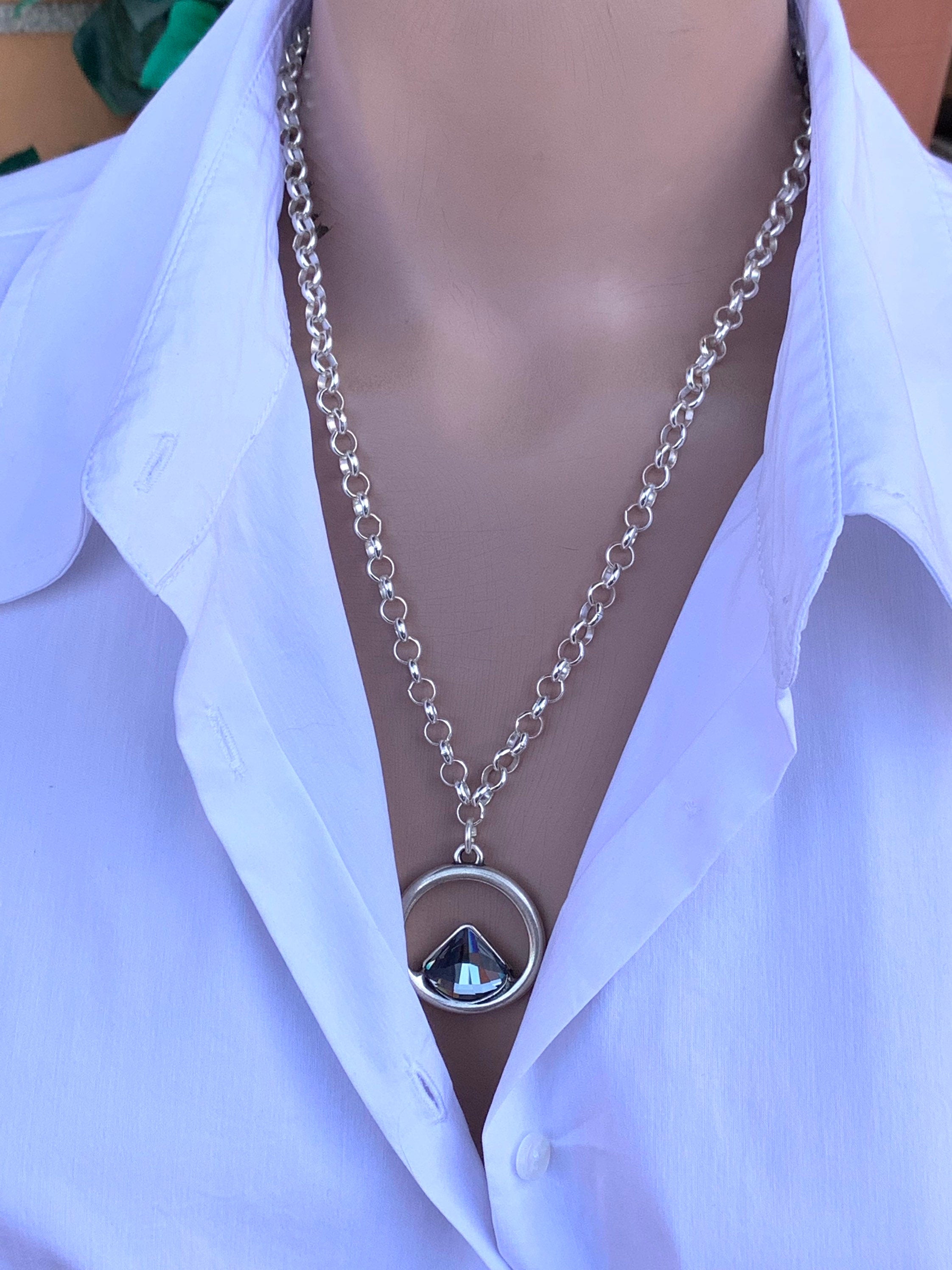 Statement Swarovski crystal pendant silver necklace for women, bohemian style necklace, gift for women, silver jewelry for everyday