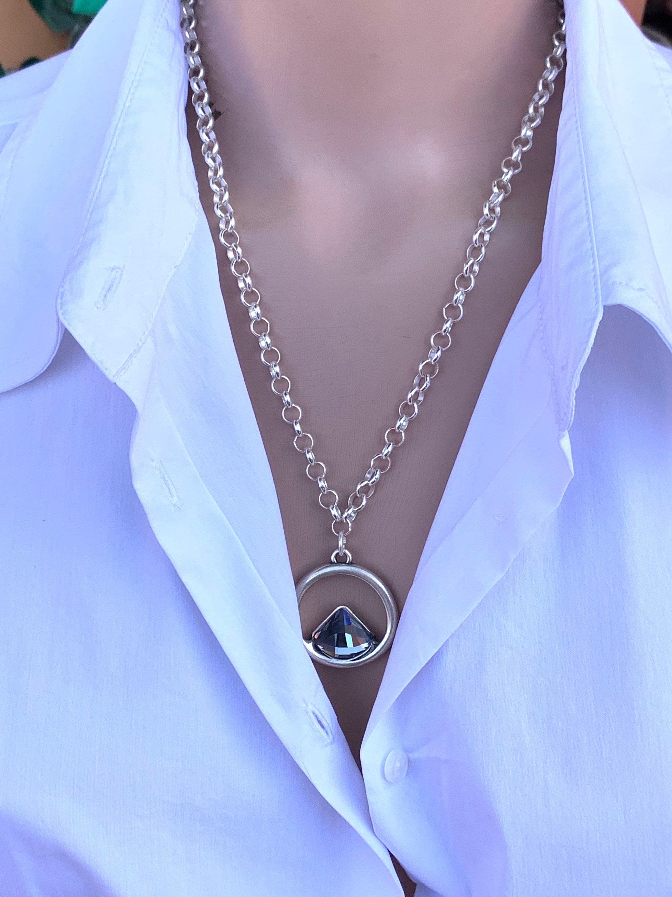 Statement Swarovski crystal pendant silver necklace for women, bohemian style necklace, gift for women, silver jewelry for everyday