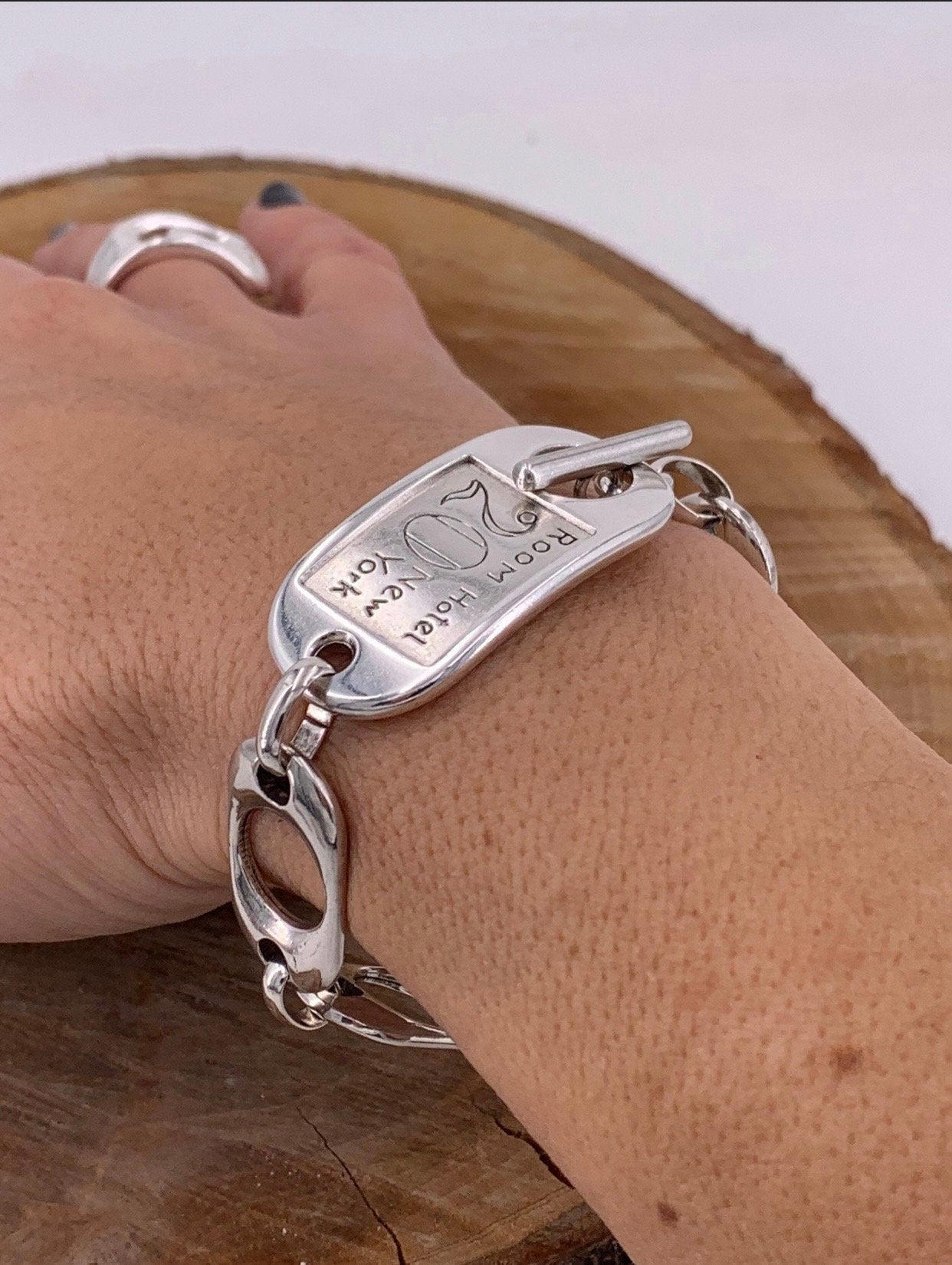 Chunky chain silver bracelet with ID toggle clasp, handmade bold customized jewelry