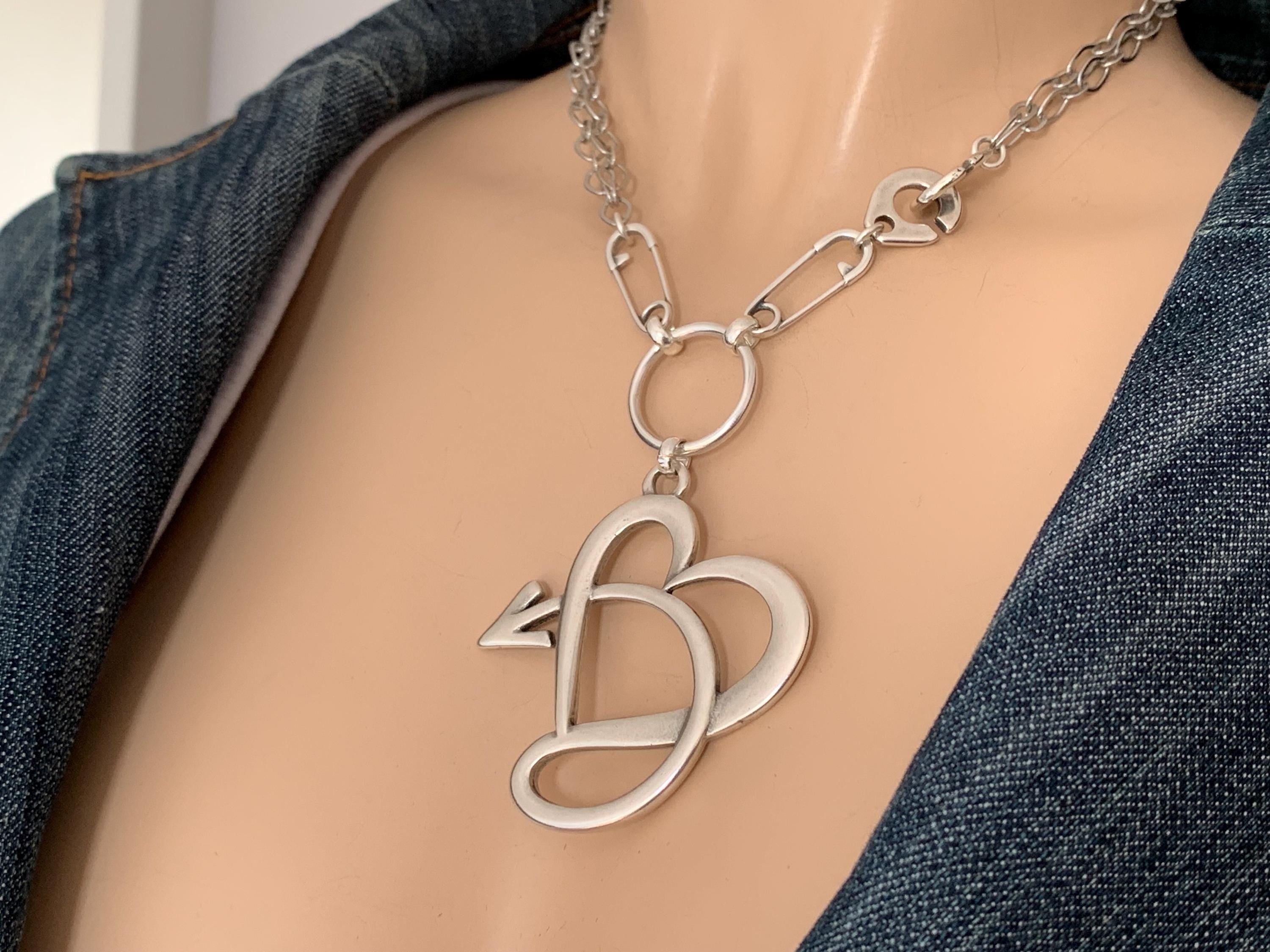 Big heart pendant layering necklace, infinity silver necklace, safety pin original modem design silver pendant necklace, chunky necklace
