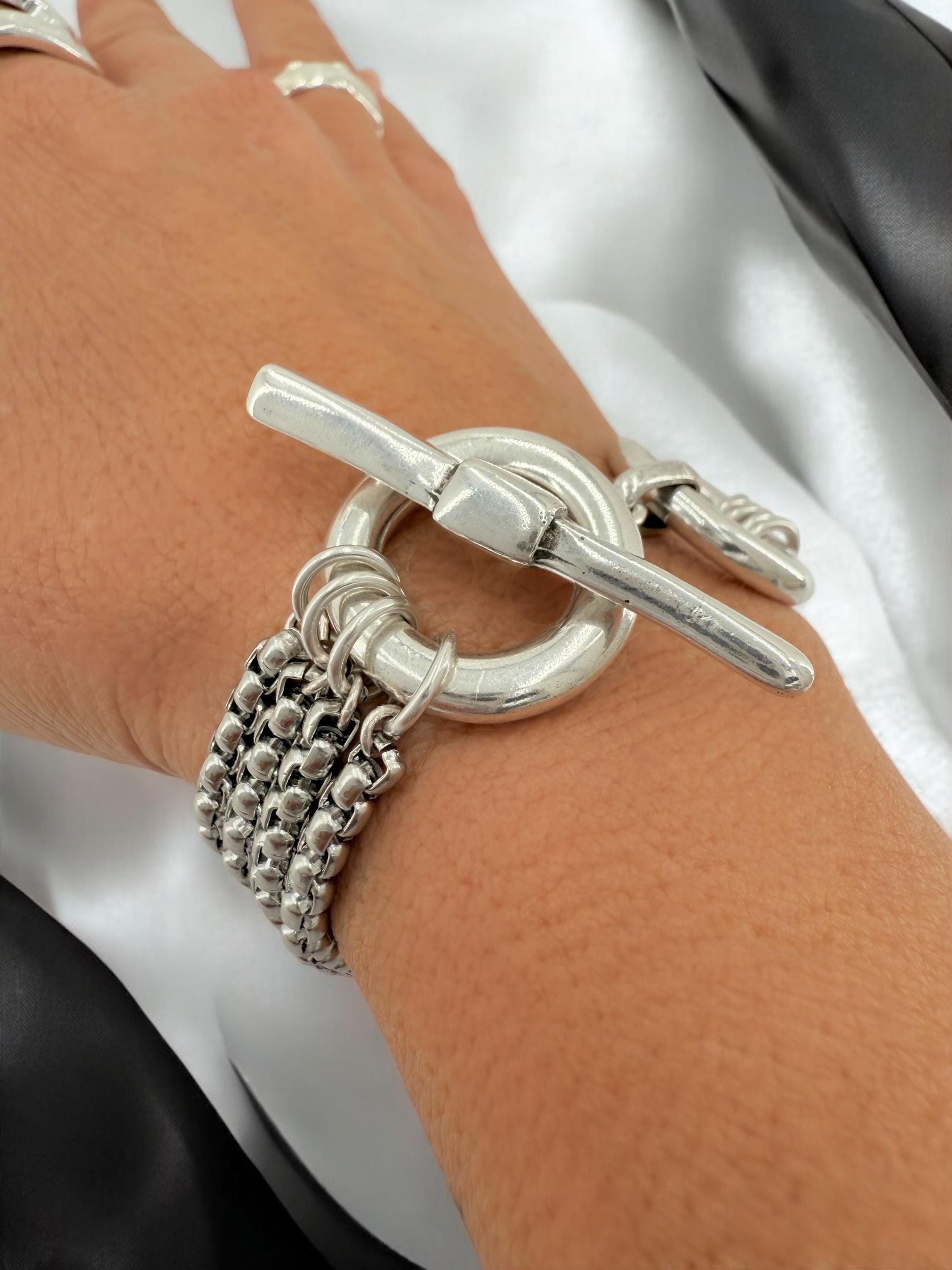 Chunky Multi-Strand Silver Bracelet – Bold Wrap Chain – Toggle Clasp – Heavy Statement Jewelry – Uno de 50 Inspired – Handmade Gift