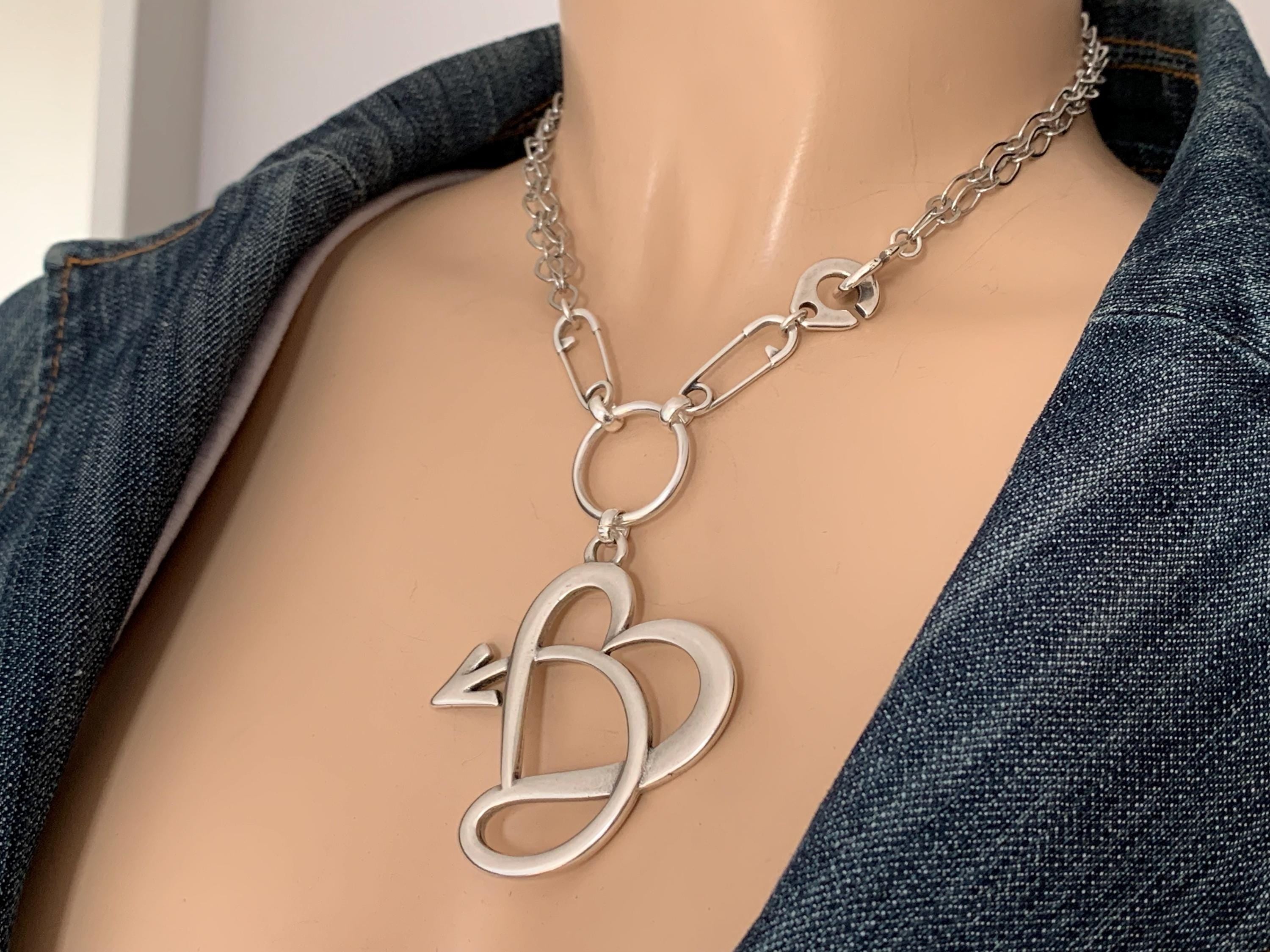 Big heart pendant layering necklace, infinity silver necklace, safety pin original modem design silver pendant necklace, chunky necklace