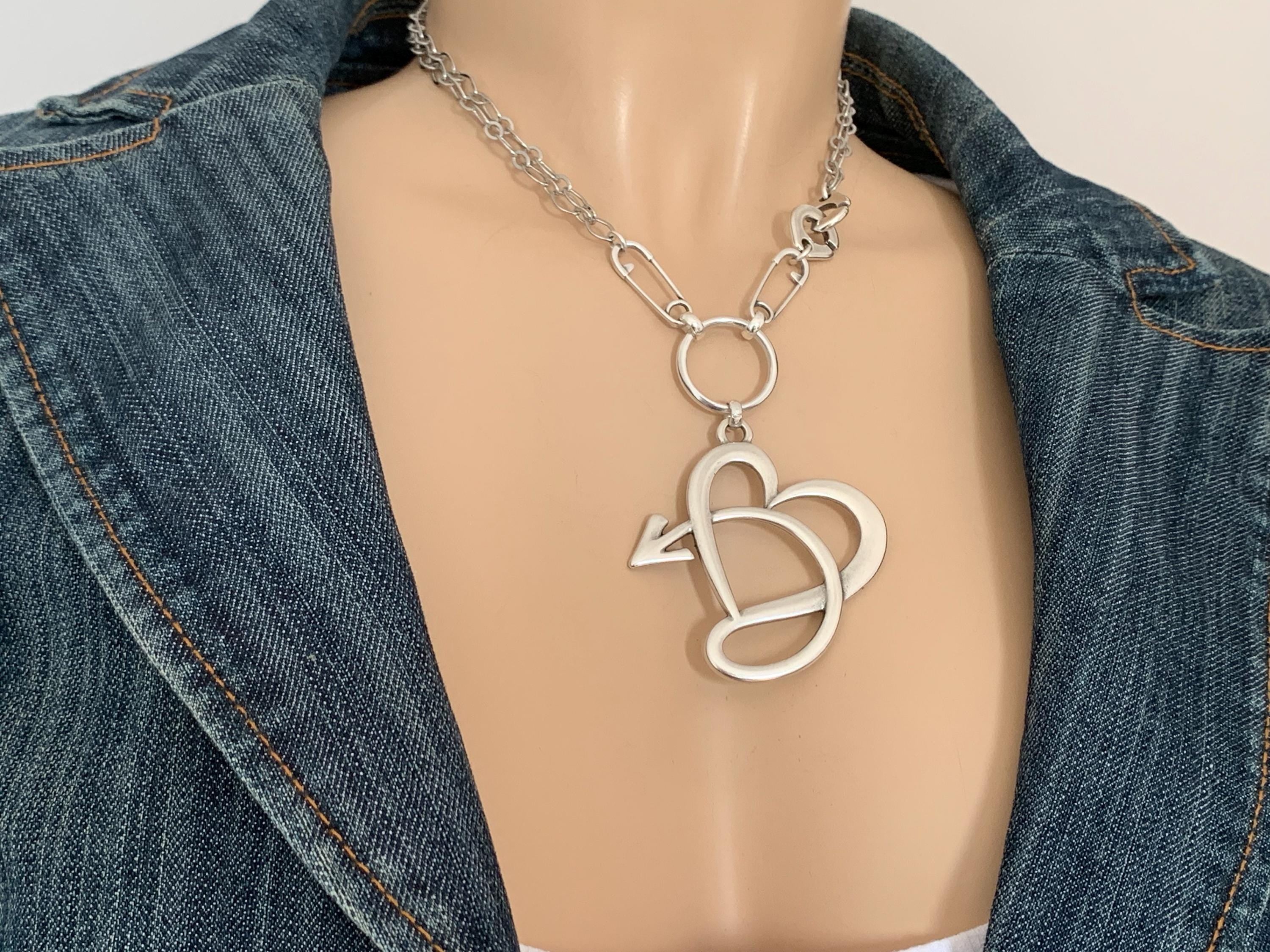 Big heart pendant layering necklace, infinity silver necklace, safety pin original modem design silver pendant necklace, chunky necklace