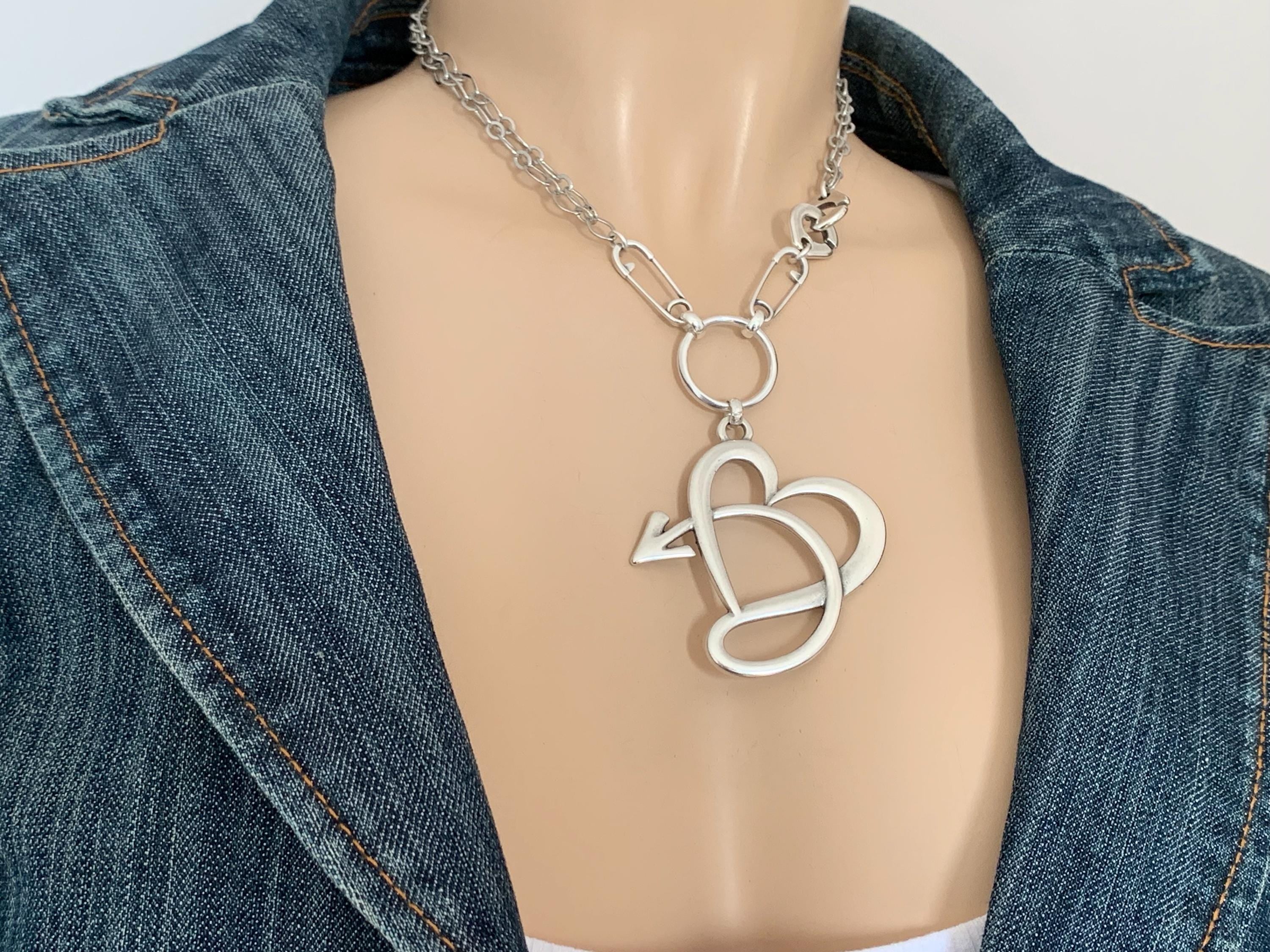 Big heart pendant layering necklace, infinity silver necklace, safety pin original modem design silver pendant necklace, chunky necklace