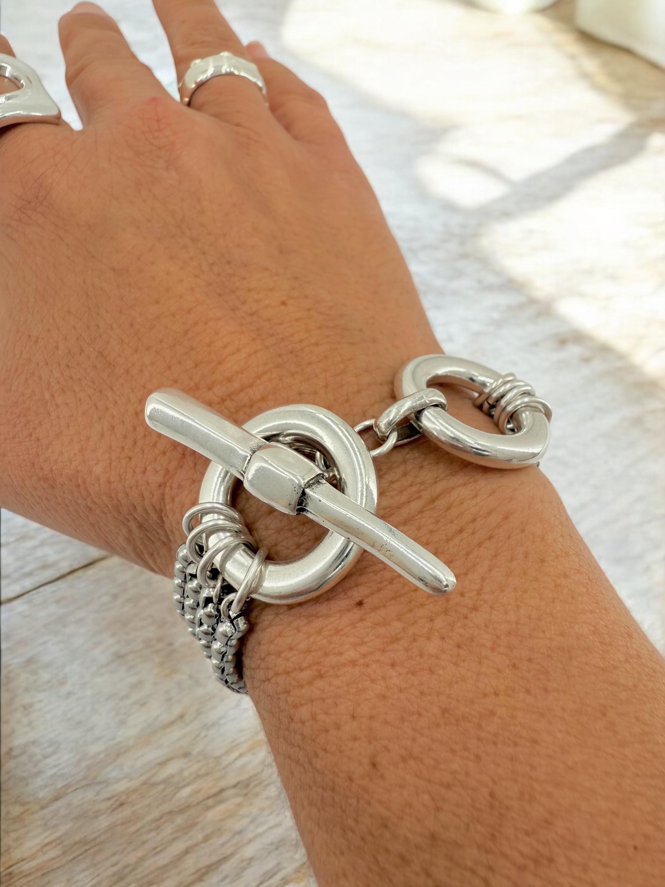 Chunky Multi-Strand Silver Bracelet – Bold Wrap Chain – Toggle Clasp – Heavy Statement Jewelry – Uno de 50 Inspired – Handmade Gift