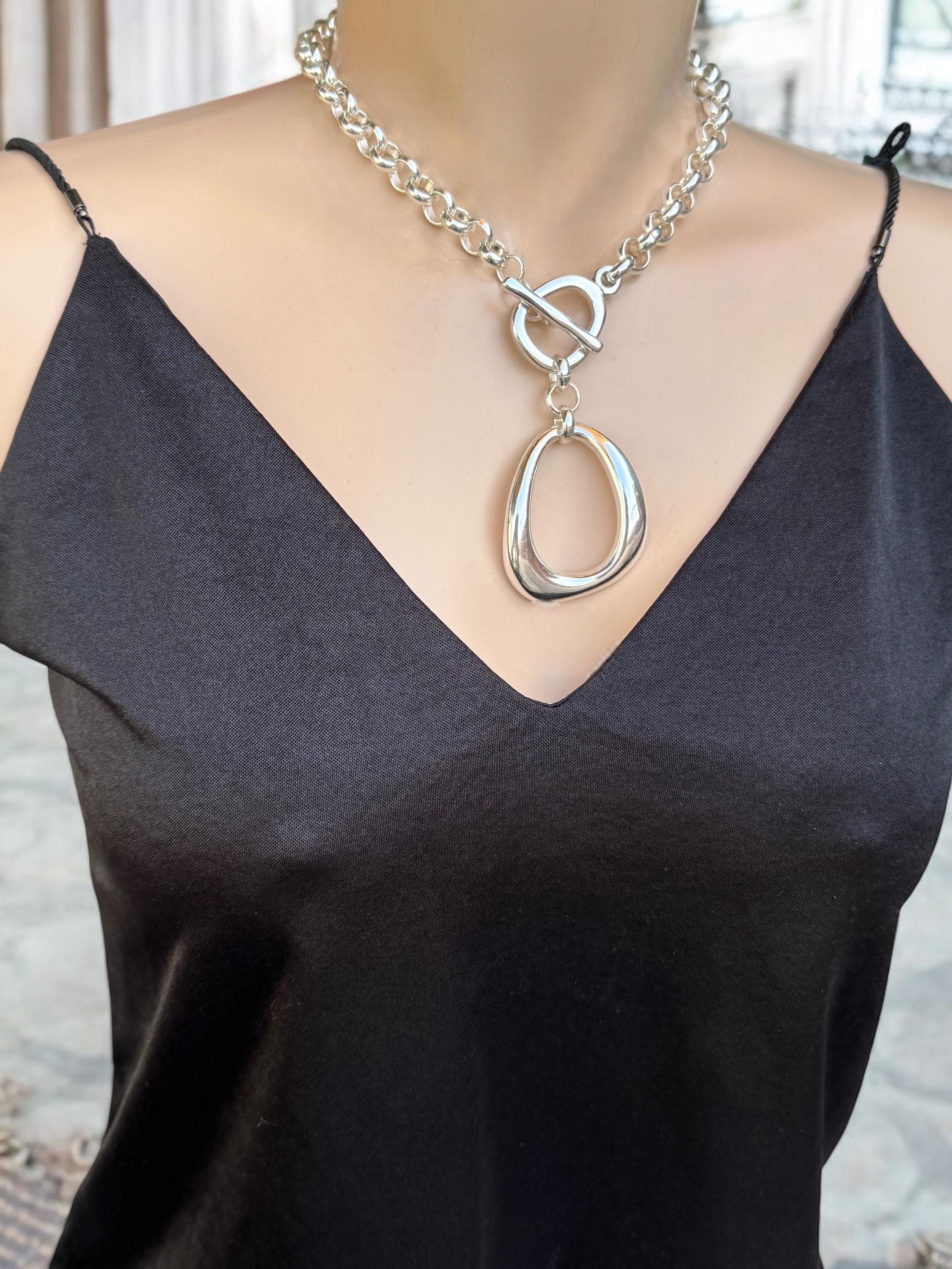 Statement pendant chunky silver chain necklace, silver rolo toggle necklace, big pendant choker, silver heavyweight chain choker, women gift
