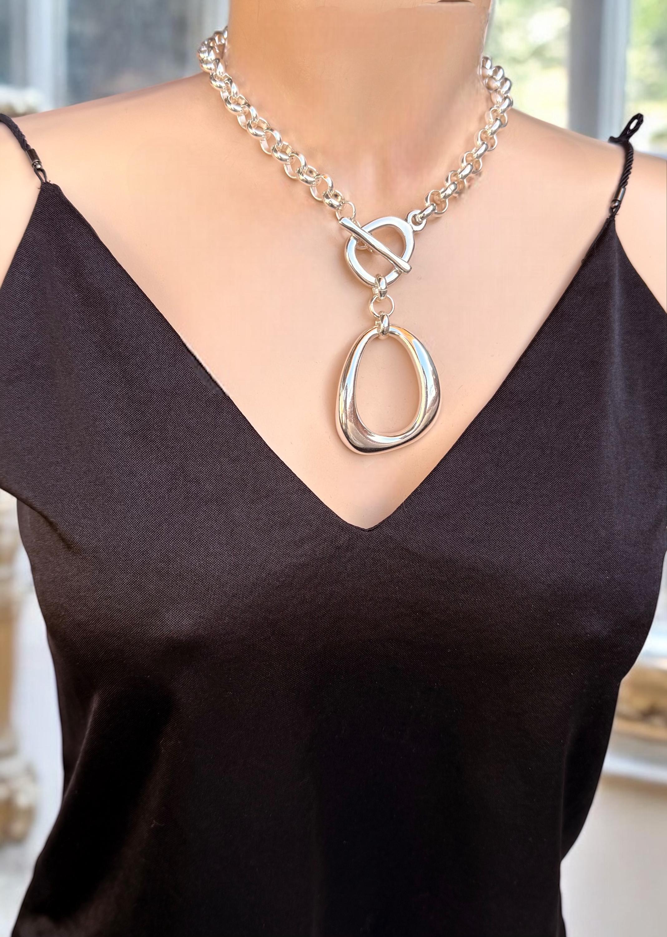 Statement pendant chunky silver chain necklace, silver rolo toggle necklace, big pendant choker, silver heavyweight chain choker, women gift