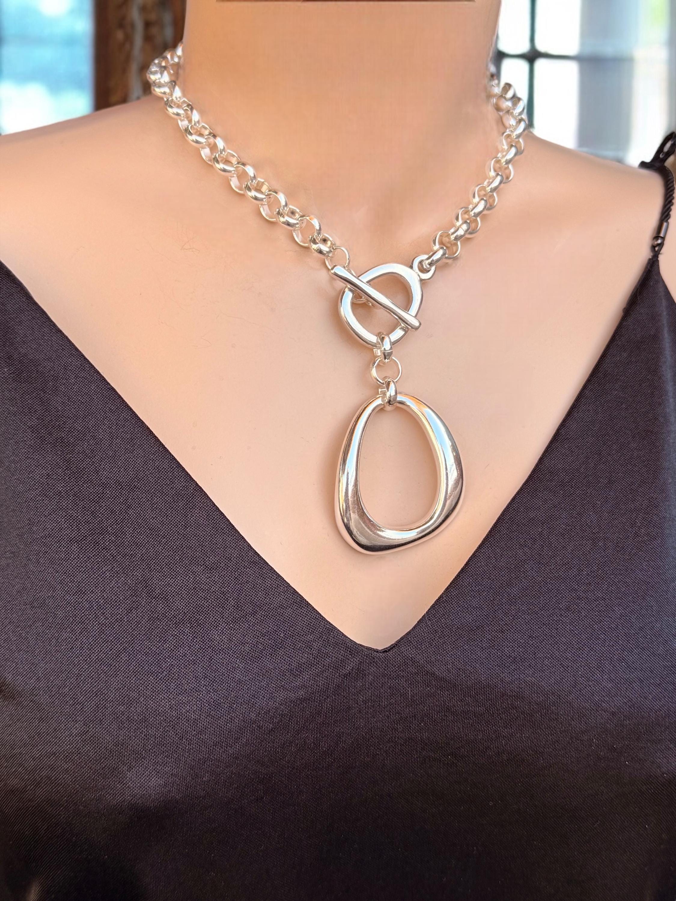 Statement pendant chunky silver chain necklace, silver rolo toggle necklace, big pendant choker, silver heavyweight chain choker, women gift