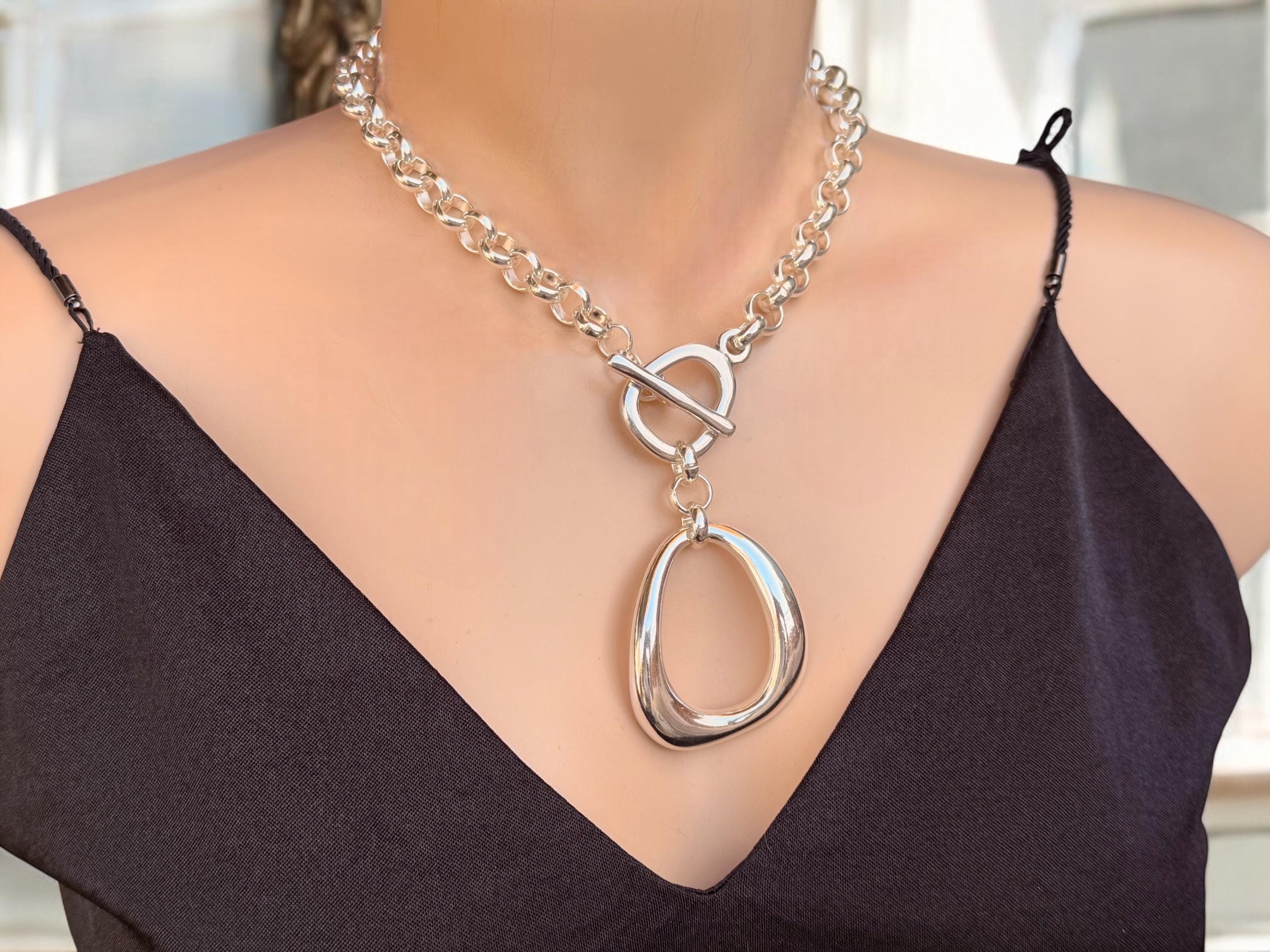Statement pendant chunky silver chain necklace, silver rolo toggle necklace, big pendant choker, silver heavyweight chain choker, women gift