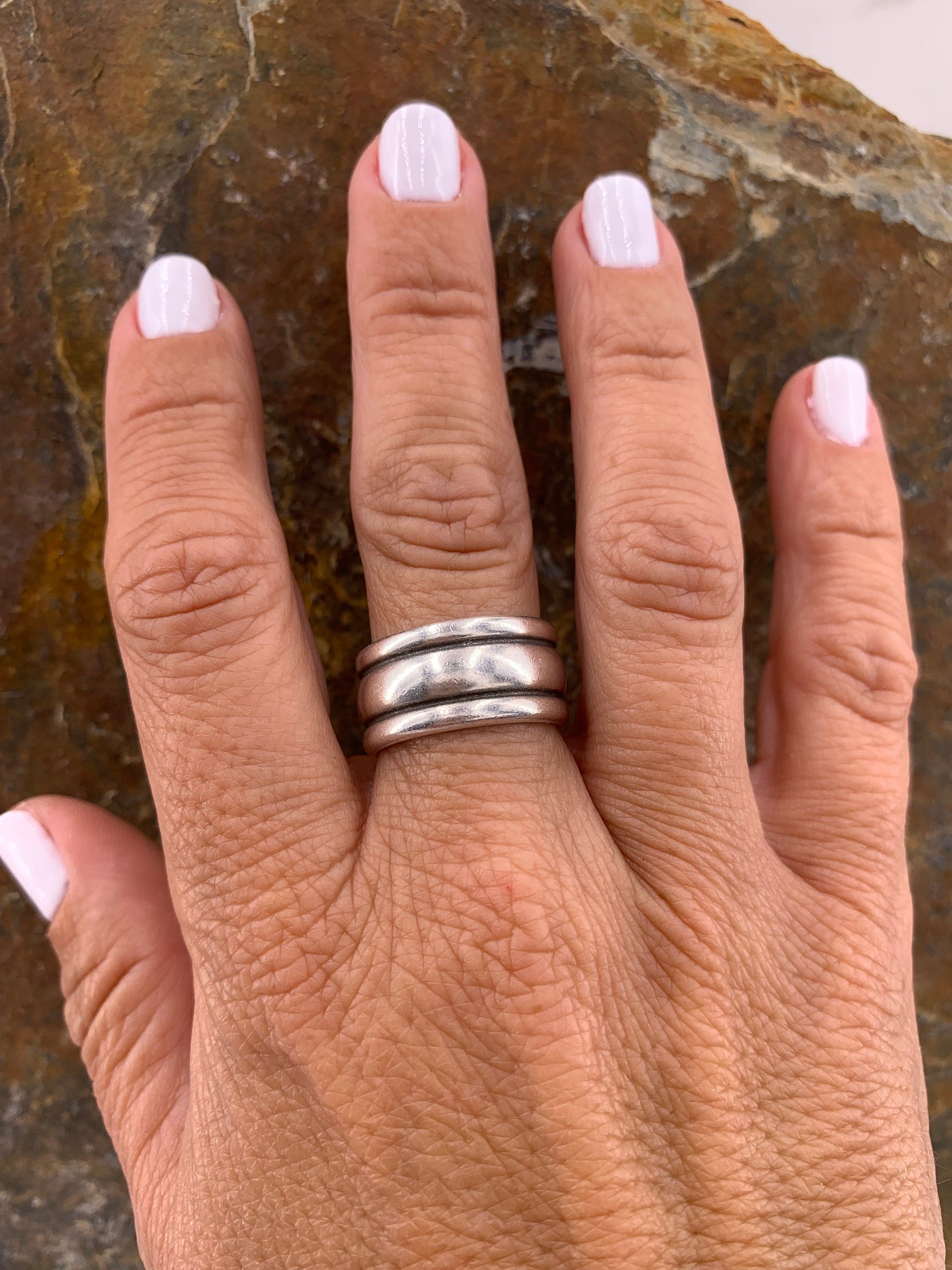 Wide and thick silver double band open eye-catching silver ring with modern style for men and women, unique gift for sister, chunky ring