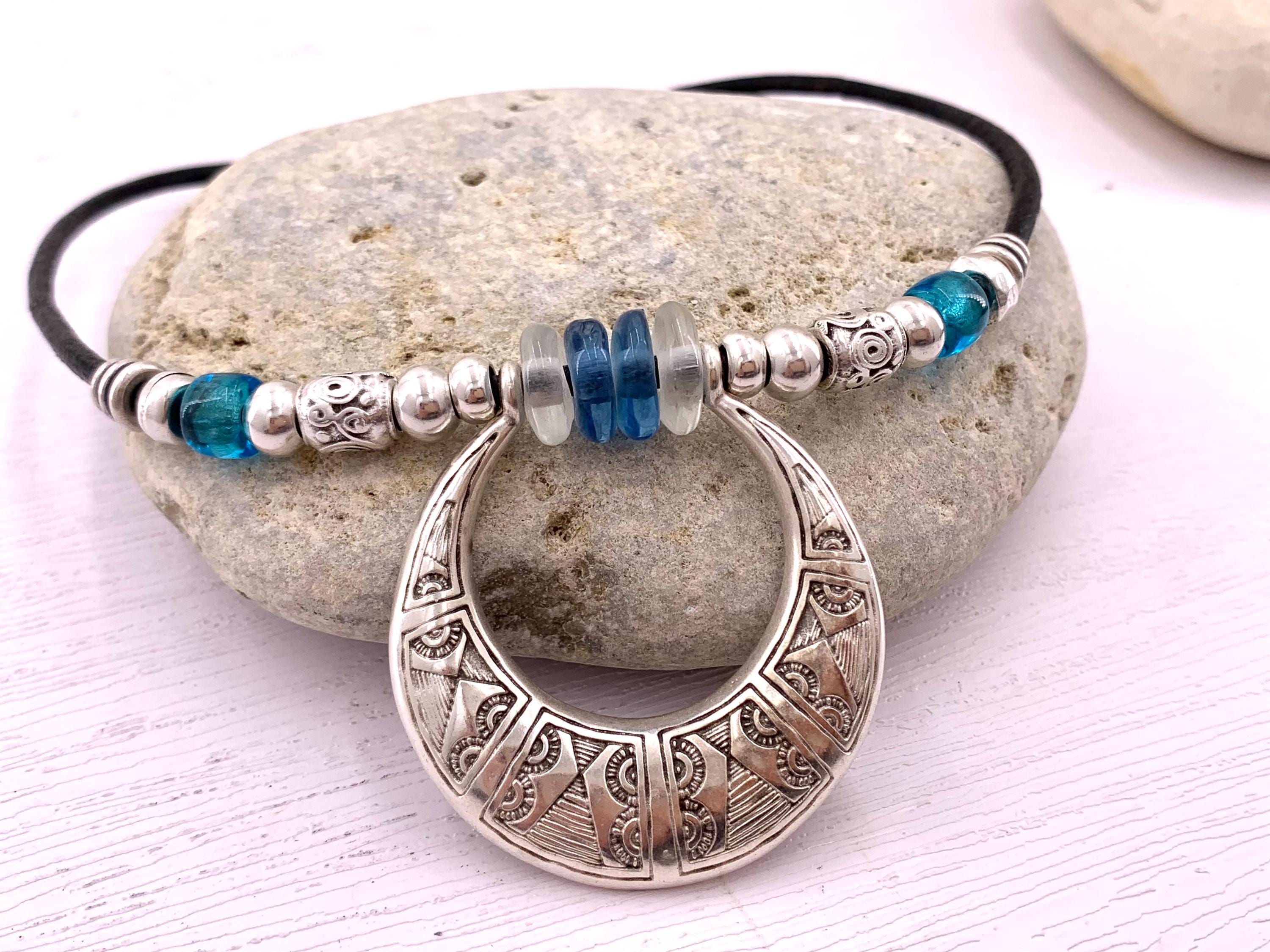 Boho Ethnic Leather Necklace with Chunky African Tribal Pendant – Recycled Glass Beads & Adjustable Length, handmade organic choker,