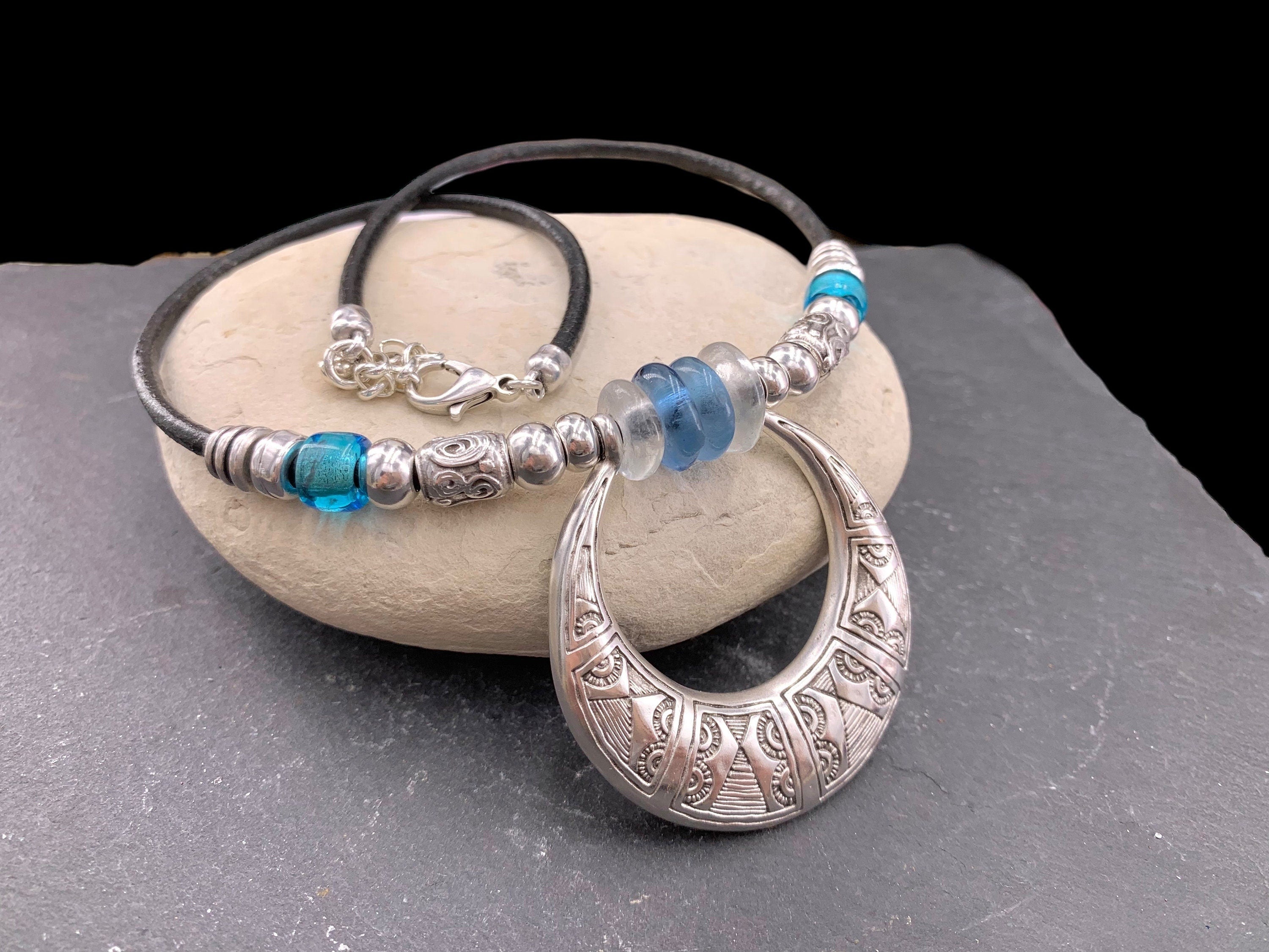 Boho Ethnic Leather Necklace with Chunky African Tribal Pendant – Recycled Glass Beads & Adjustable Length, handmade organic choker,