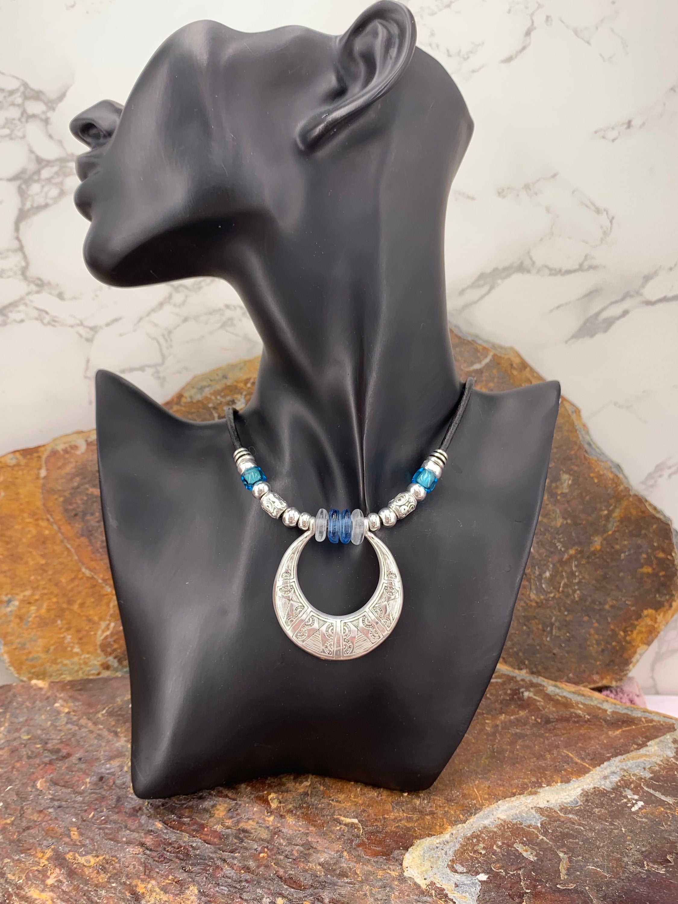 Boho Ethnic Leather Necklace with Chunky African Tribal Pendant – Recycled Glass Beads & Adjustable Length, handmade organic choker,
