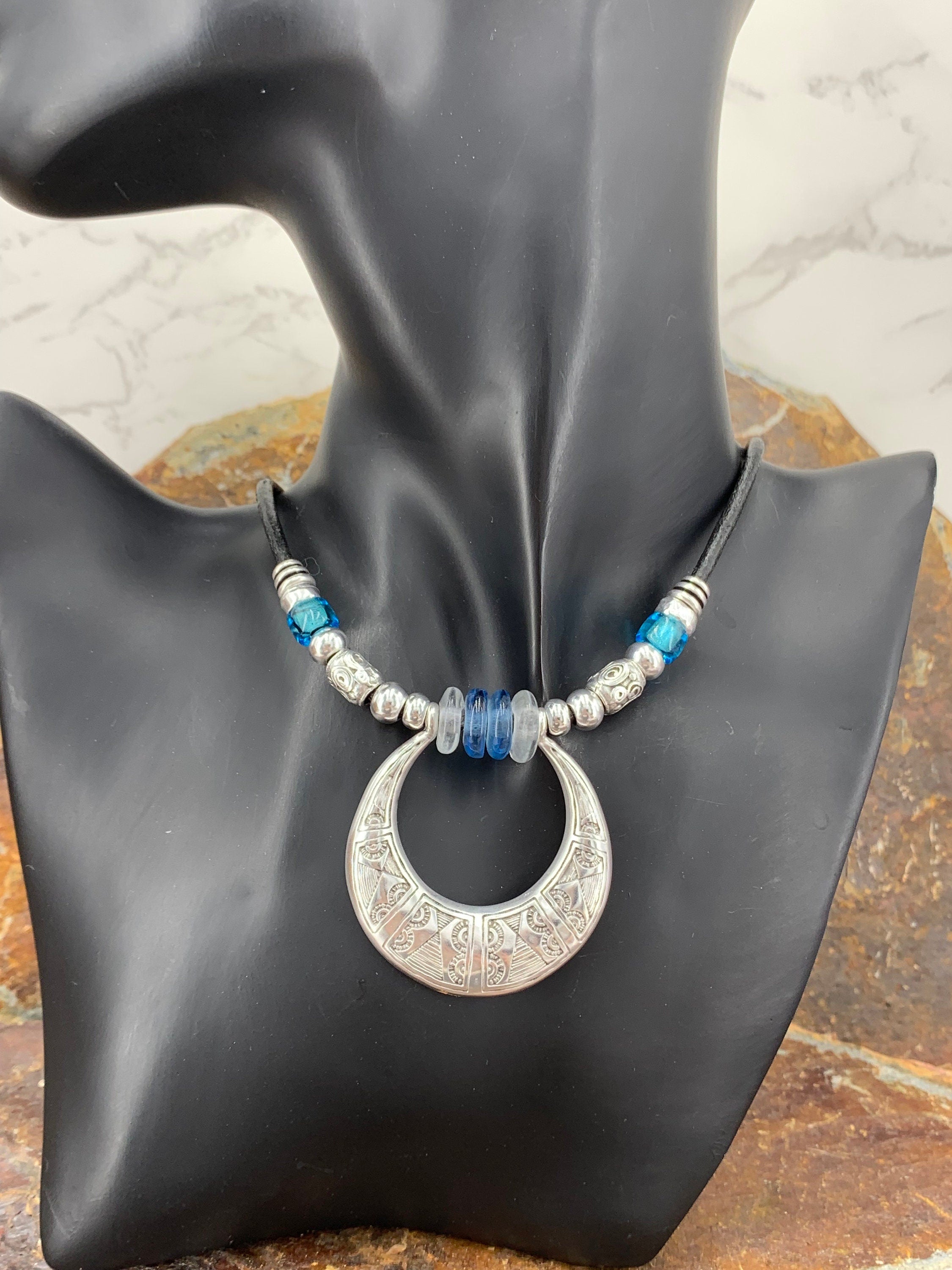 Boho Ethnic Leather Necklace with Chunky African Tribal Pendant – Recycled Glass Beads & Adjustable Length, handmade organic choker,