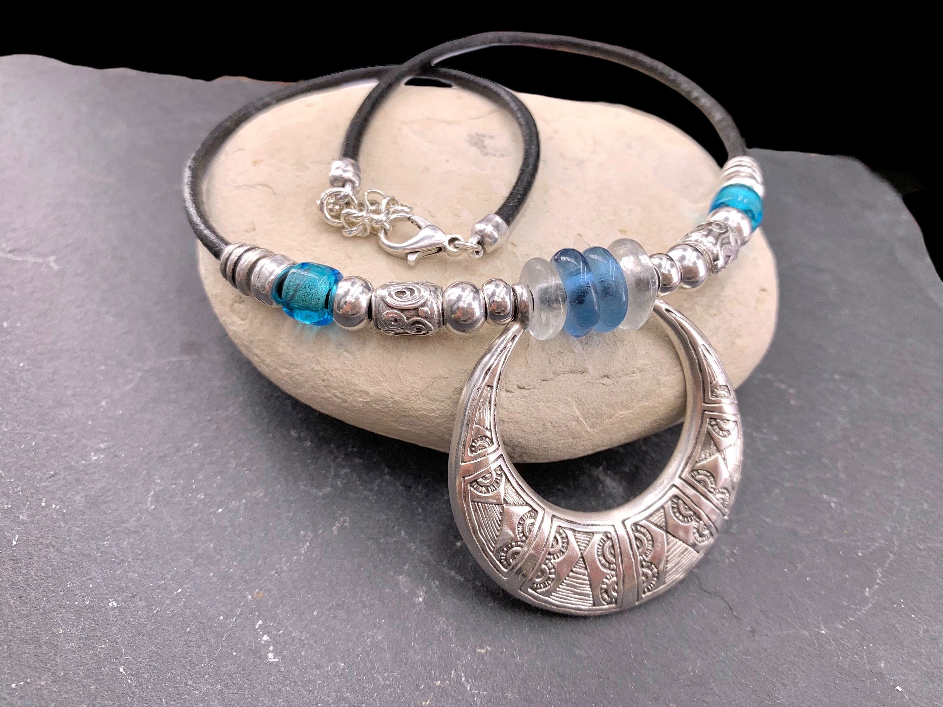 Boho Ethnic Leather Necklace with Chunky African Tribal Pendant – Recycled Glass Beads & Adjustable Length, handmade organic choker,