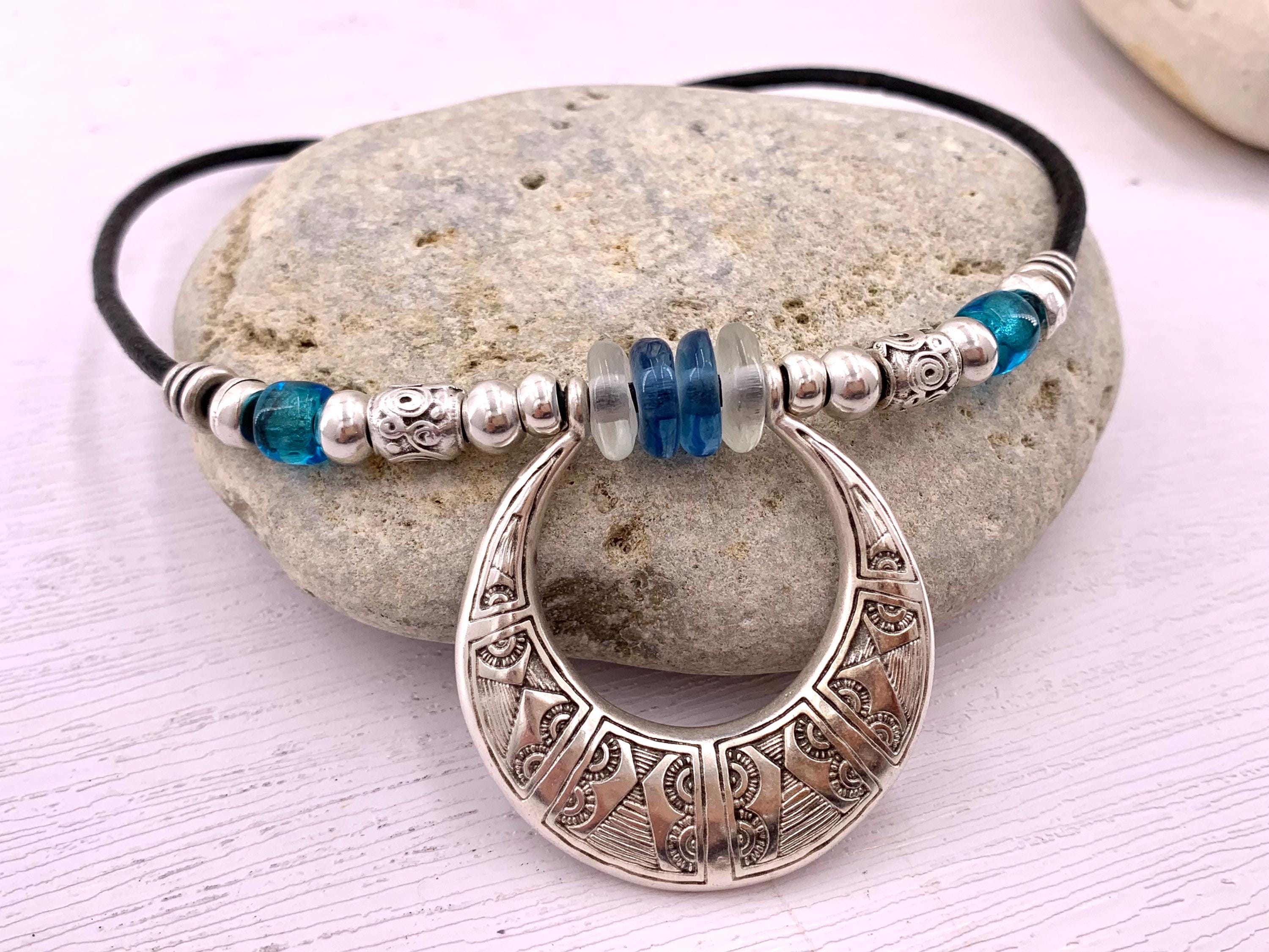 Boho Ethnic Leather Necklace with Chunky African Tribal Pendant – Recycled Glass Beads & Adjustable Length, handmade organic choker,