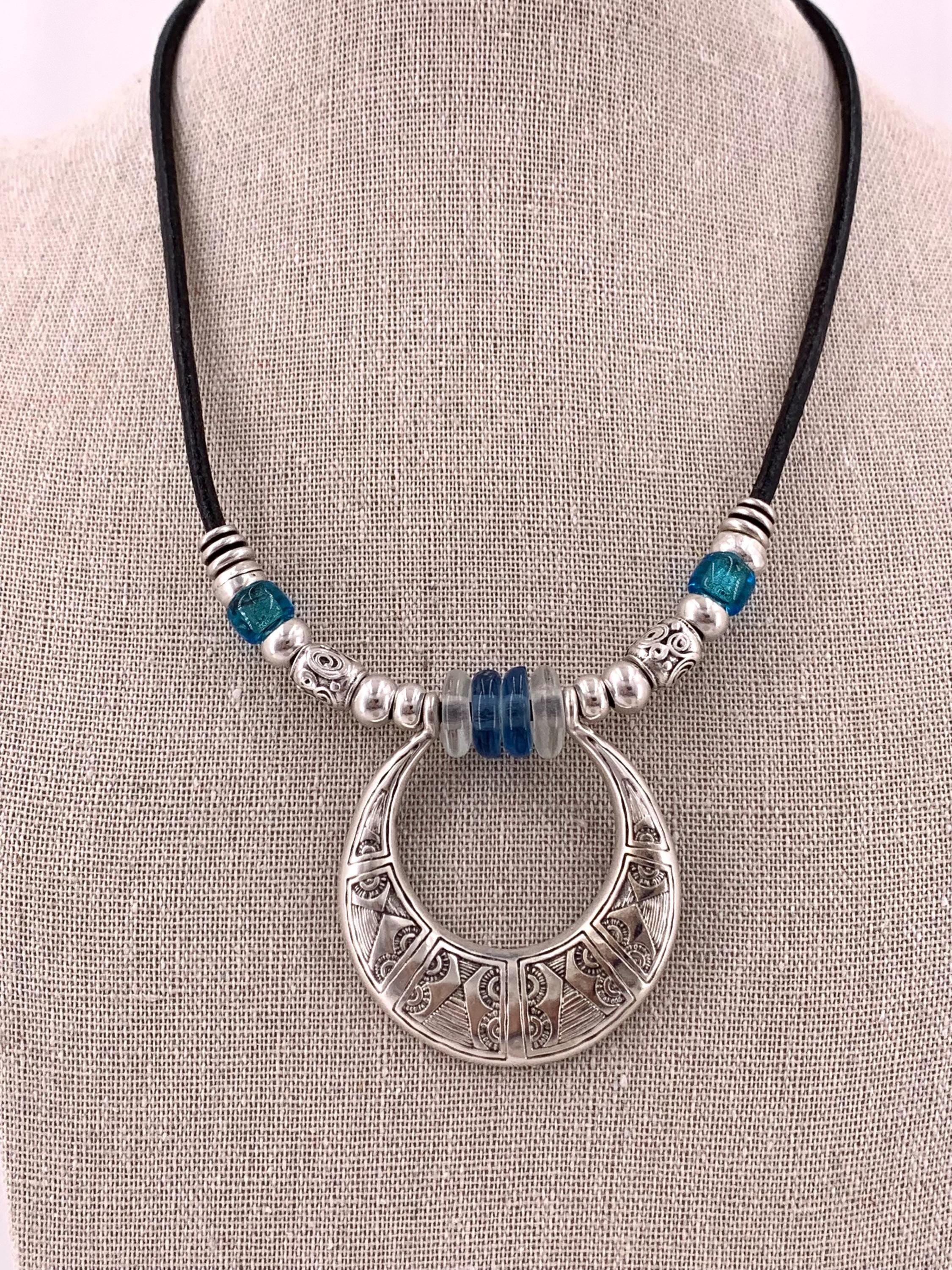 Boho Ethnic Leather Necklace with Chunky African Tribal Pendant – Recycled Glass Beads & Adjustable Length, handmade organic choker,