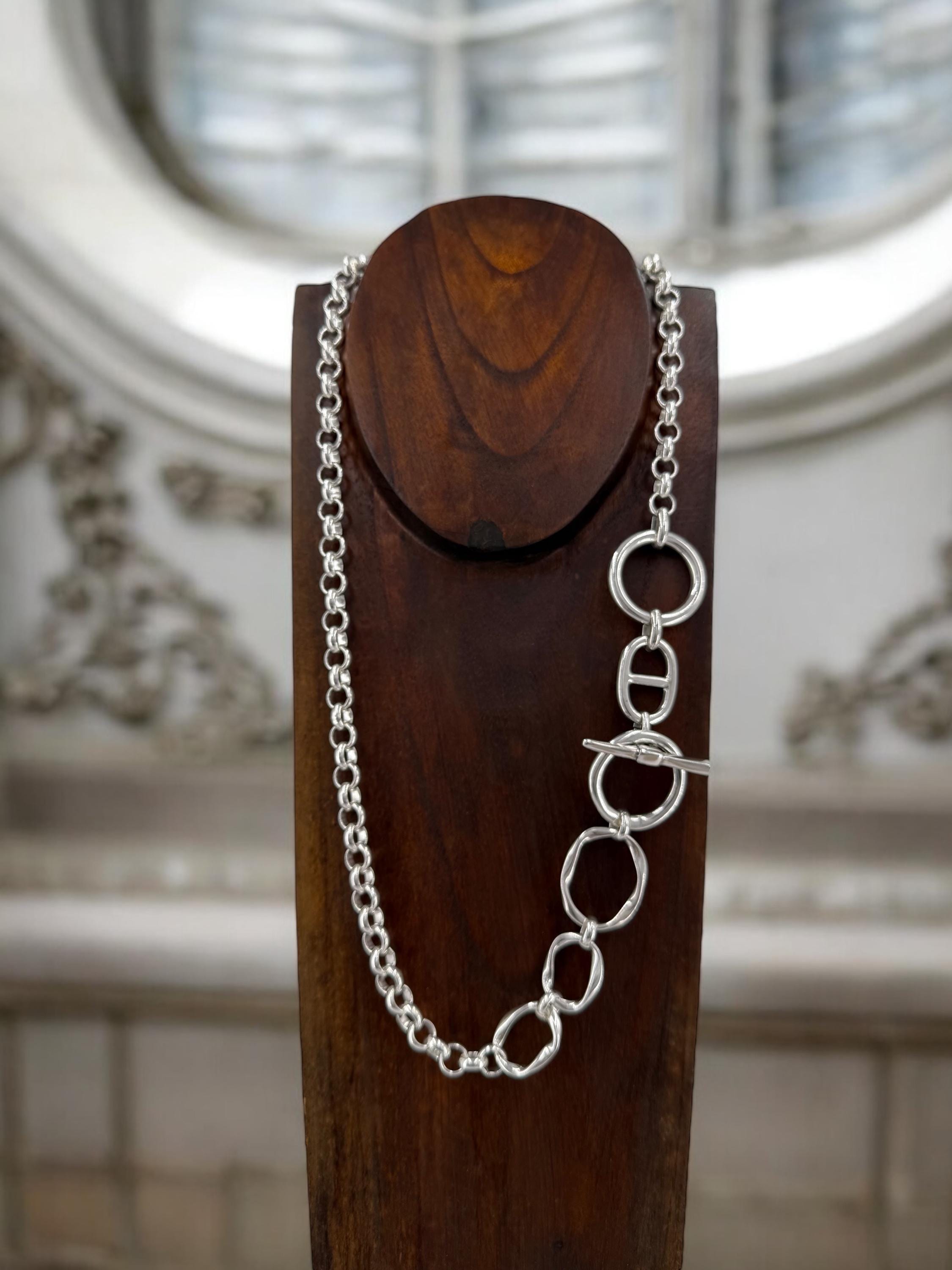 Chunky Silver Circle Necklace – Handmade Statement Chain with Toggle Clasp – Bold Rolo Chain with Toggle Clasp, Custom Length, gift for her