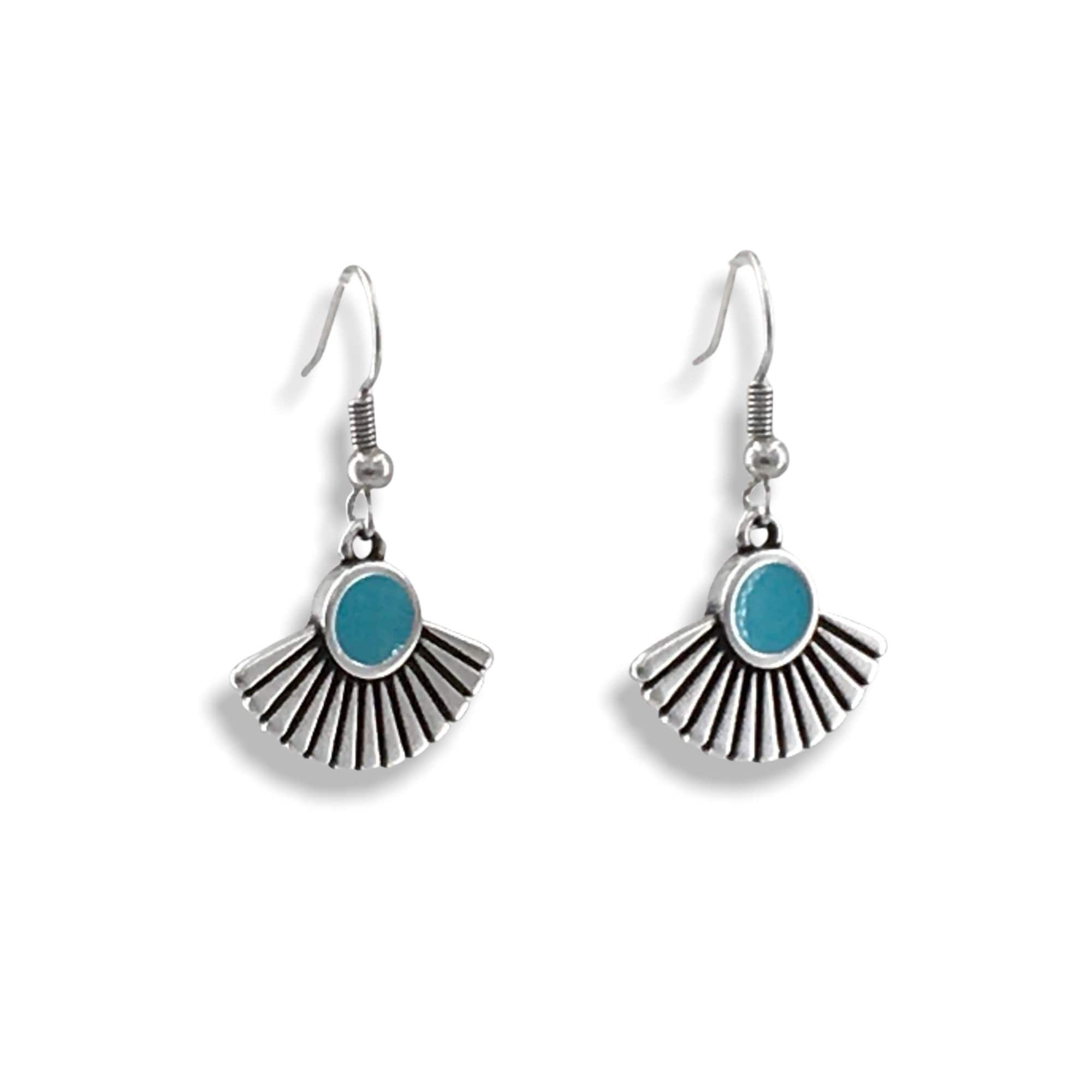 Boho Fan-Shaped Drop Earrings – Lightweight Turquoise Enamel with Artistic Movement and Summer tribal Charm, Artisan Boho Drop Earrings