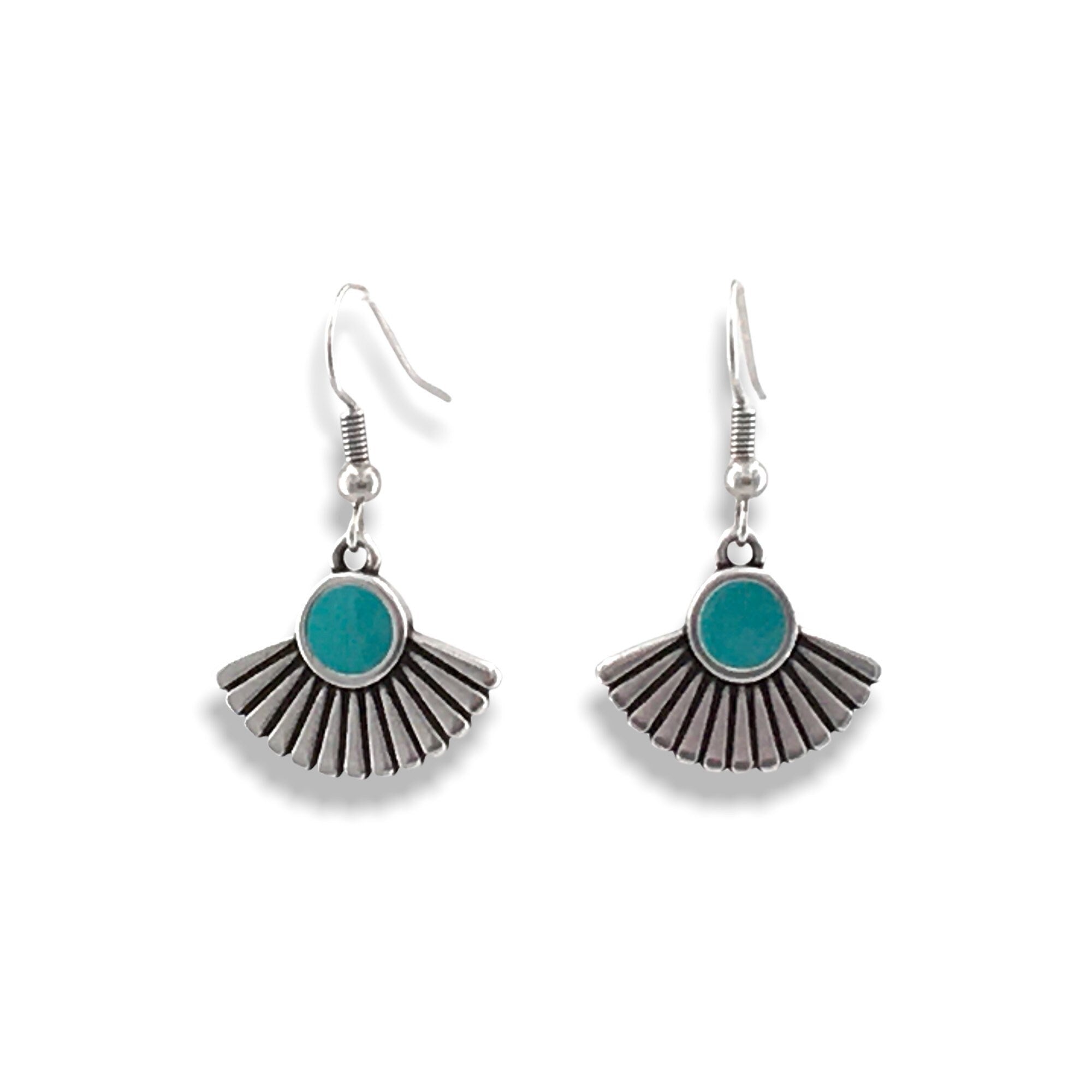 Boho Fan-Shaped Drop Earrings – Lightweight Turquoise Enamel with Artistic Movement and Summer tribal Charm, Artisan Boho Drop Earrings