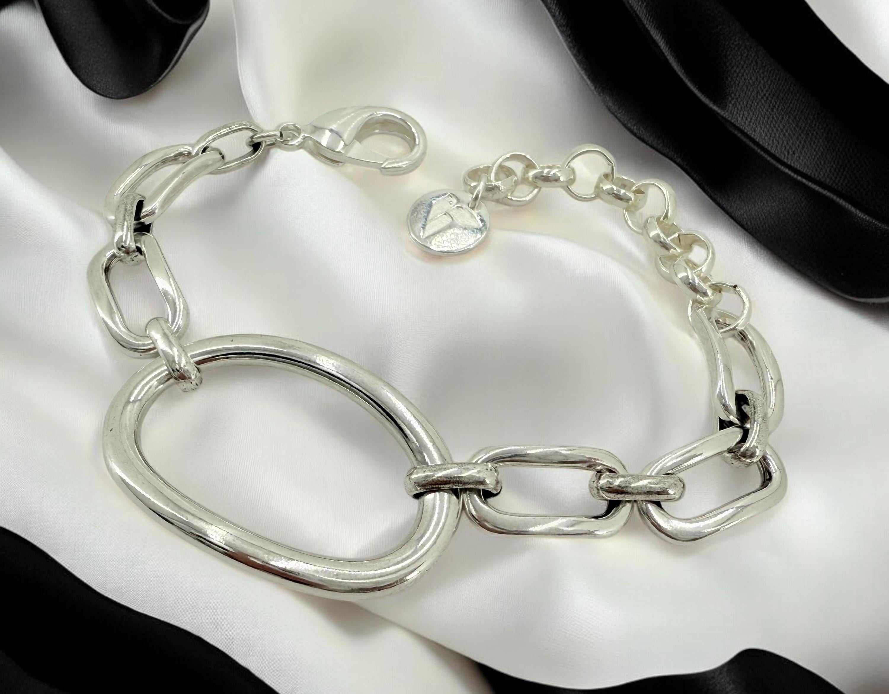 Bold Silver Link Bracelet – Sculptural Polished Design with Chunky Chain, gift for women, uno de 50 style, heavyweight oversized bracelet