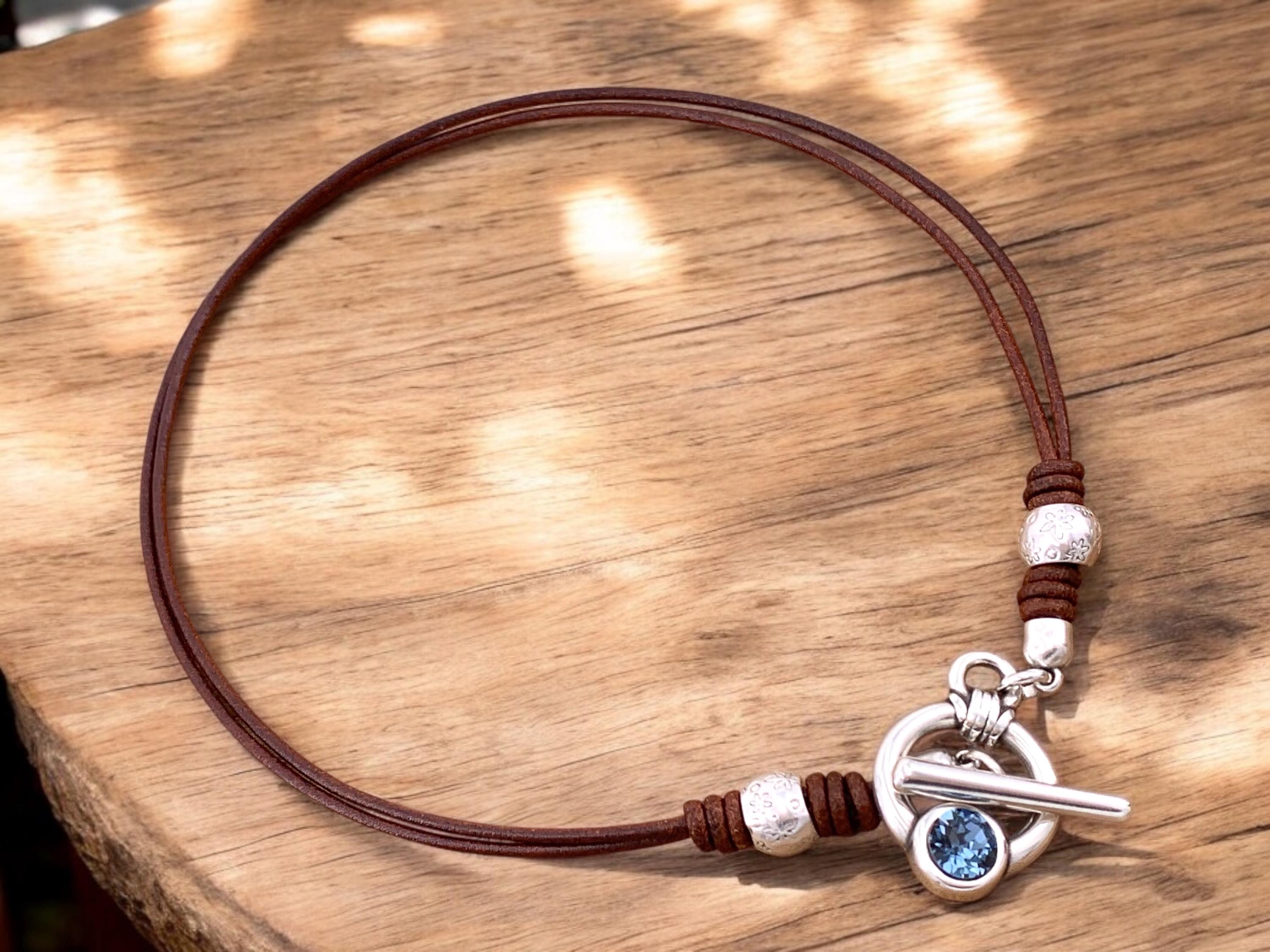 Leather necklace with silver toggle clasp with Swarovski crystal, bohemian choker necklace, leather and silver choker, uno de 50 style, gift