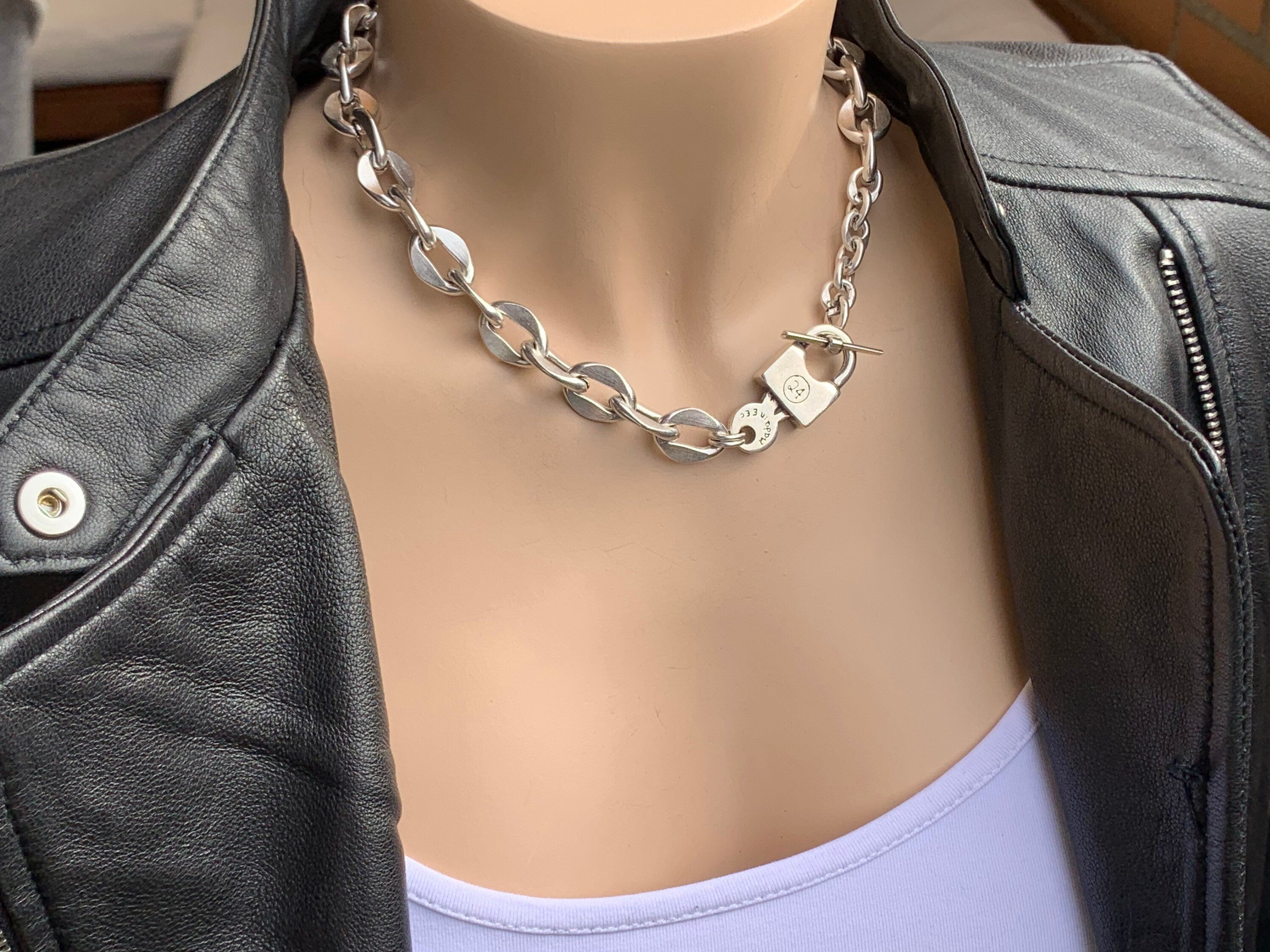 chunky chain silver necklace, bold chain choker, heavy silver chain necklace, chunky necklace, key and padlock necklace ,