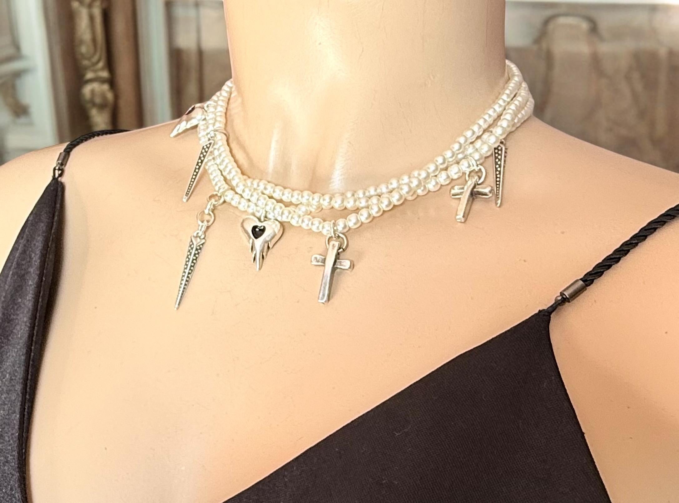 Multi layer pearls choker, pearls and silver layering necklace, charms pearls choker, original designed pearls choker, heart cross choker