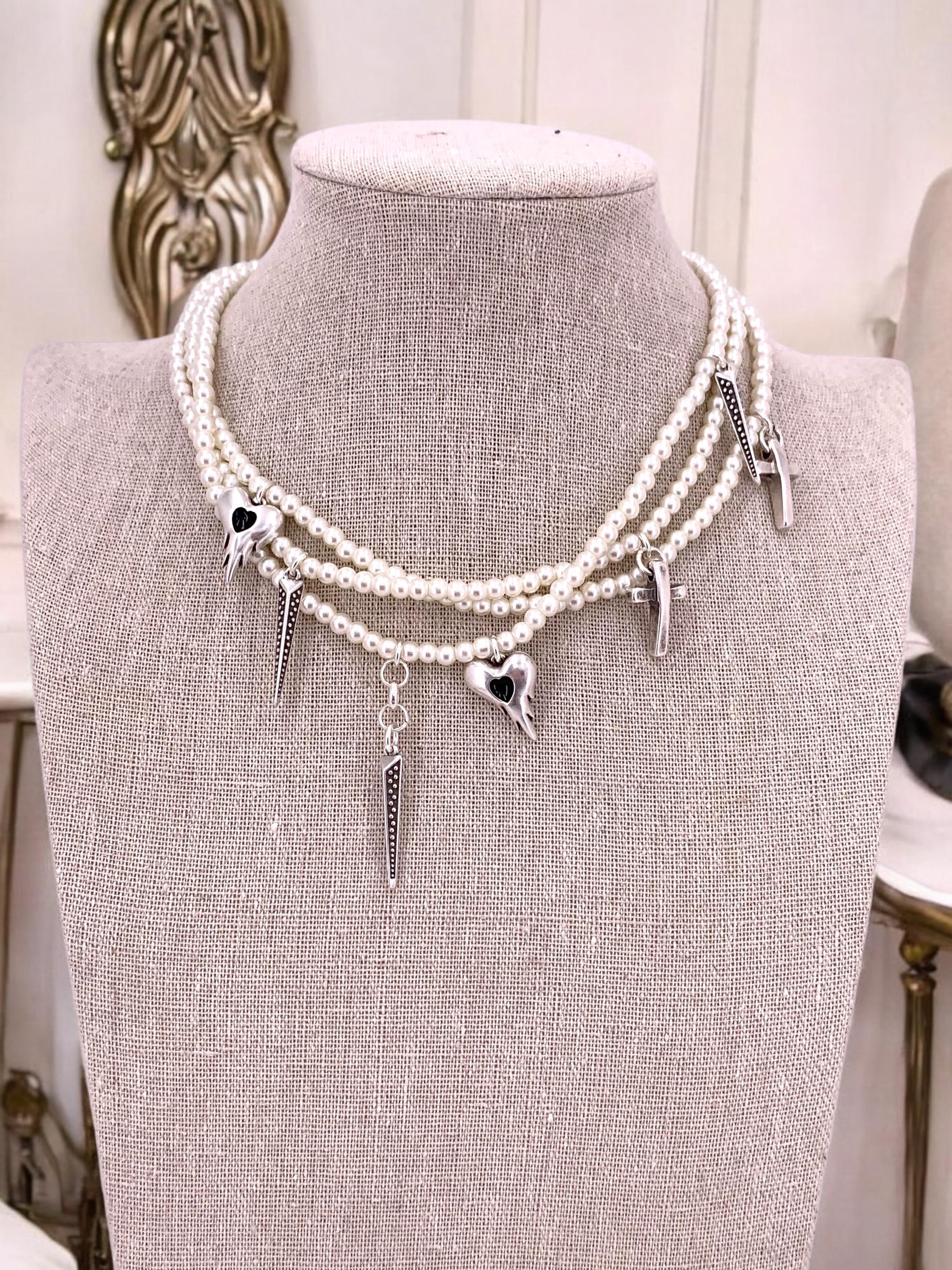 Multi layer pearls choker, pearls and silver layering necklace, charms pearls choker, original designed pearls choker, heart cross choker