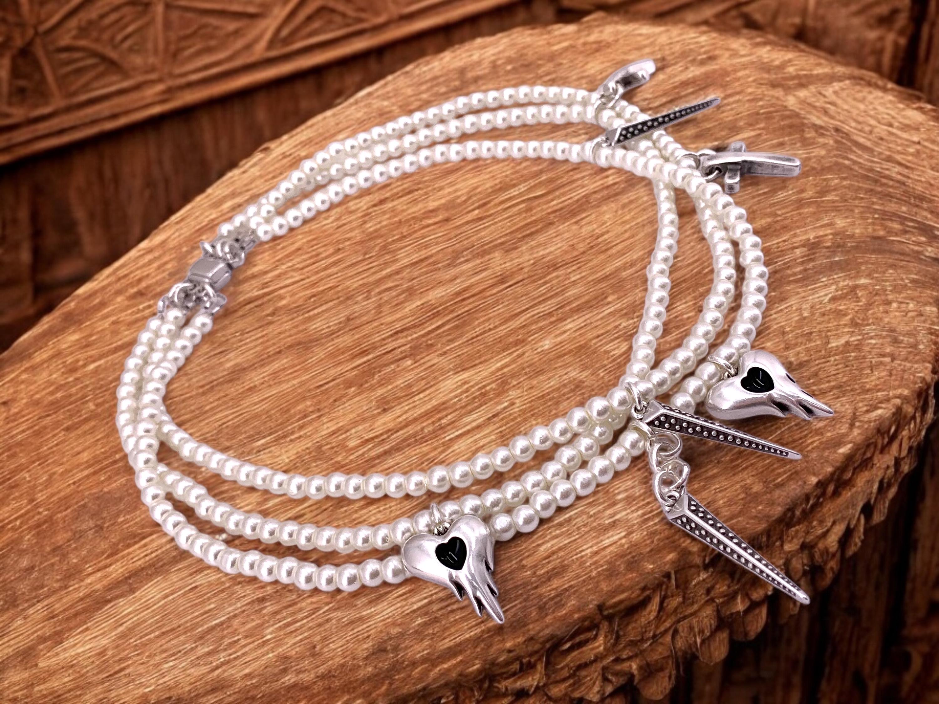 Multi layer pearls choker, pearls and silver layering necklace, charms pearls choker, original designed pearls choker, heart cross choker