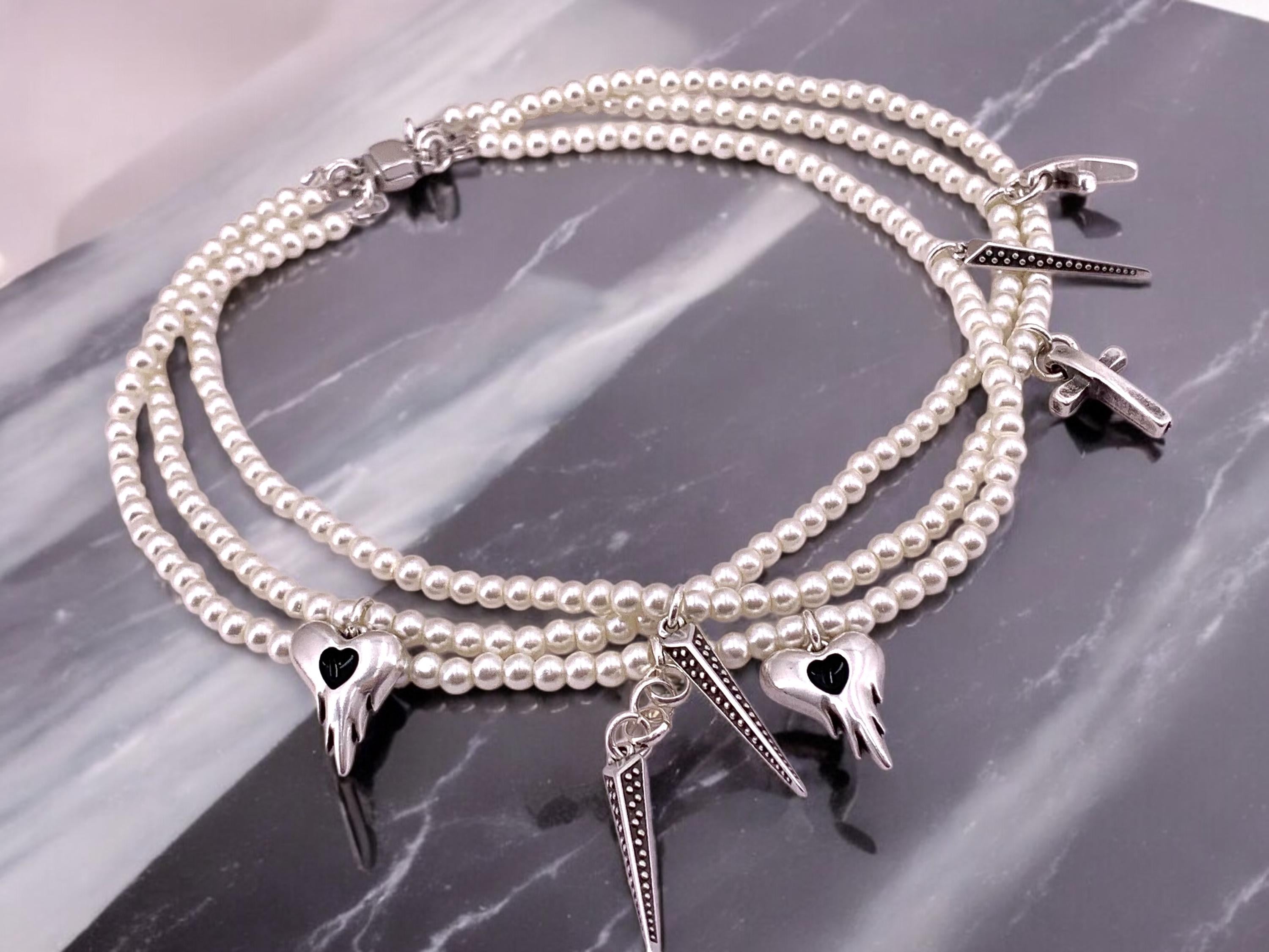 Multi layer pearls choker, pearls and silver layering necklace, charms pearls choker, original designed pearls choker, heart cross choker