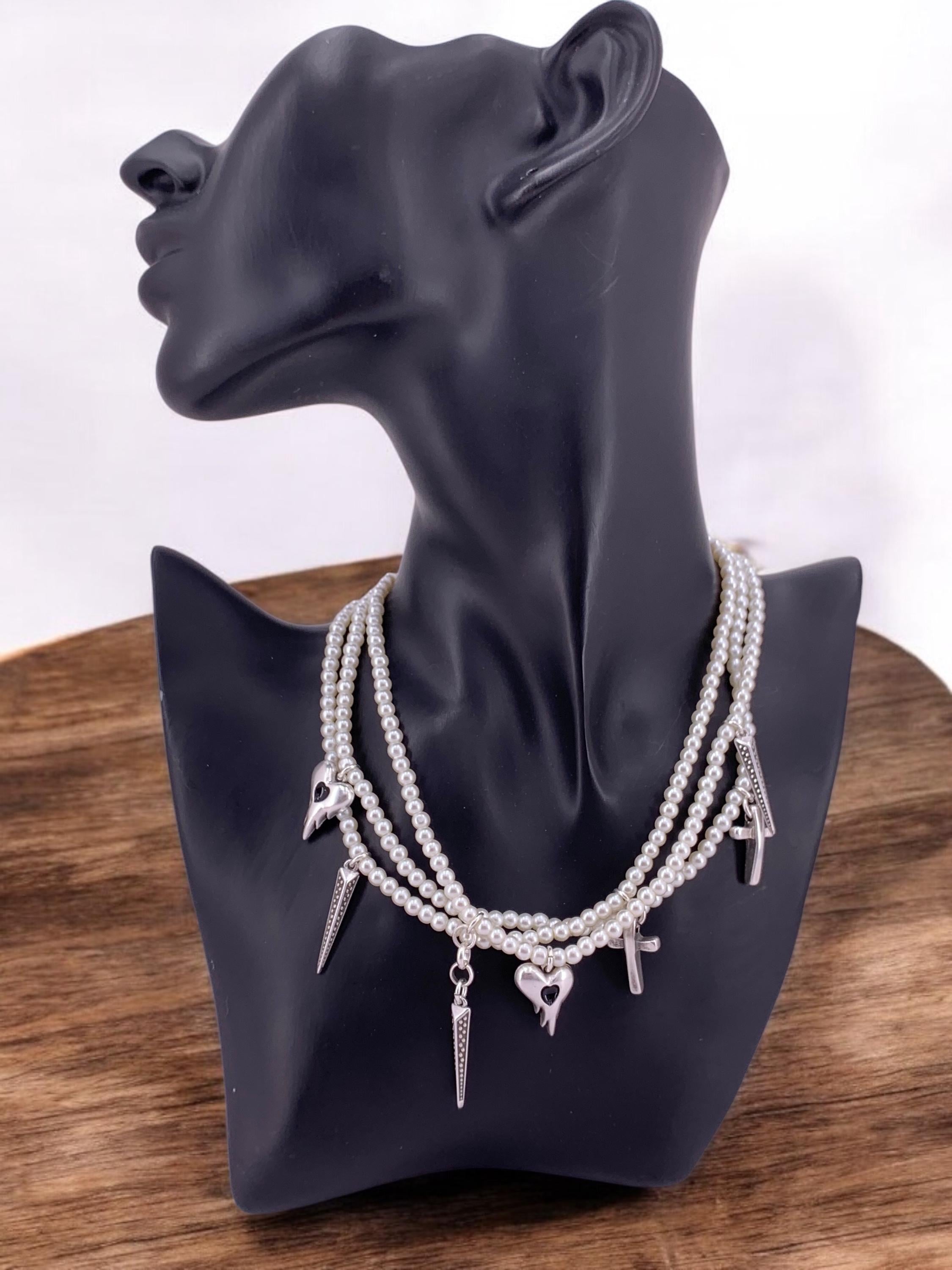 Multi layer pearls choker, pearls and silver layering necklace, charms pearls choker, original designed pearls choker, heart cross choker