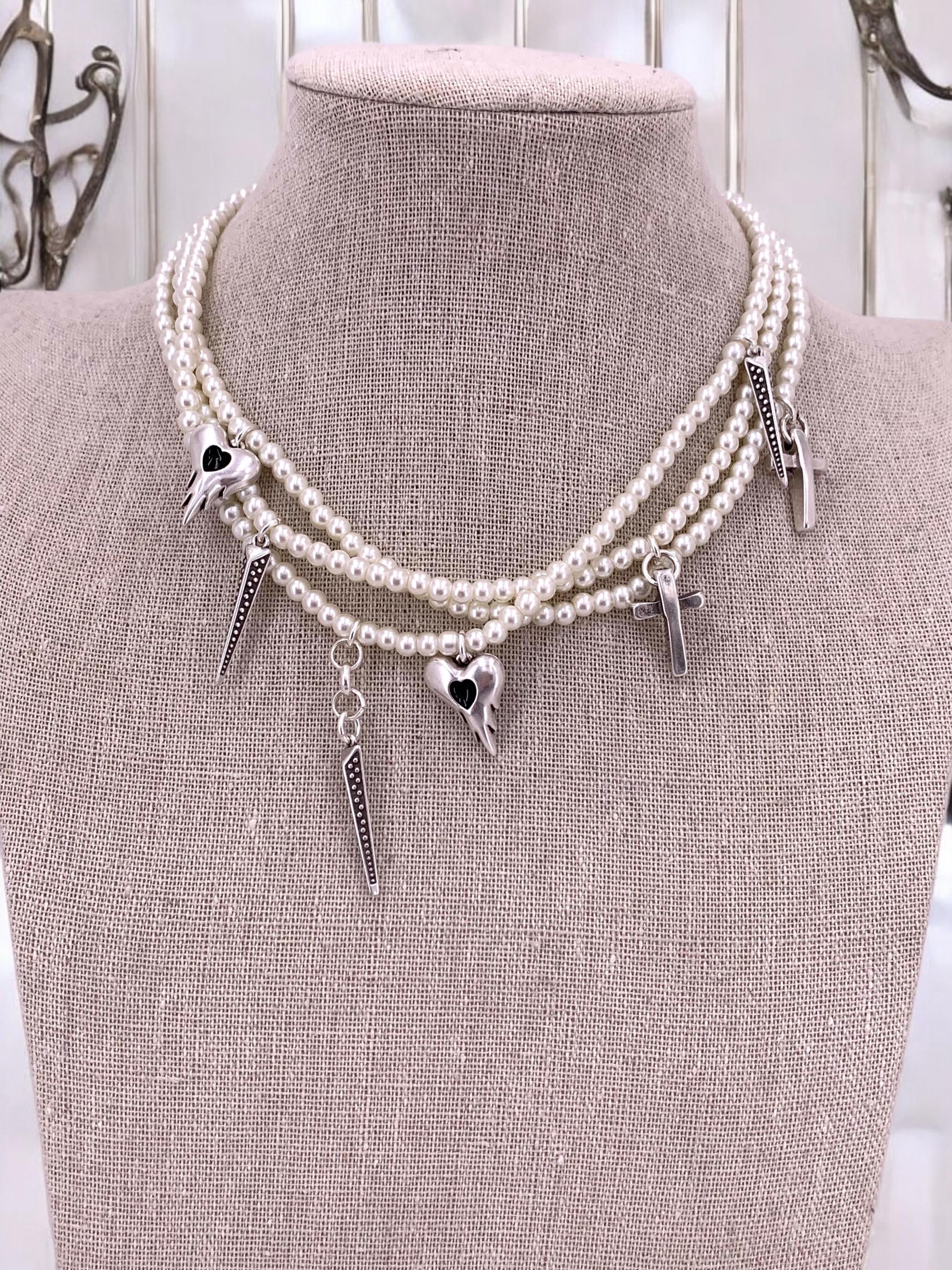 Multi layer pearls choker, pearls and silver layering necklace, charms pearls choker, original designed pearls choker, heart cross choker