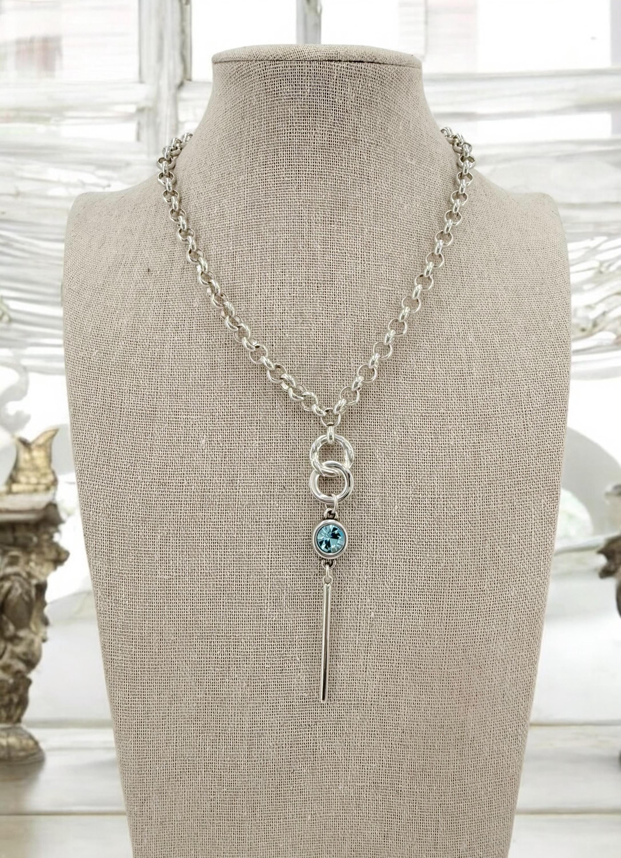 Lariat silver chain necklace with Swarovski crystal pendant, Y necklace, chunky silver rolo chain necklace, uno de 50 style, present for her