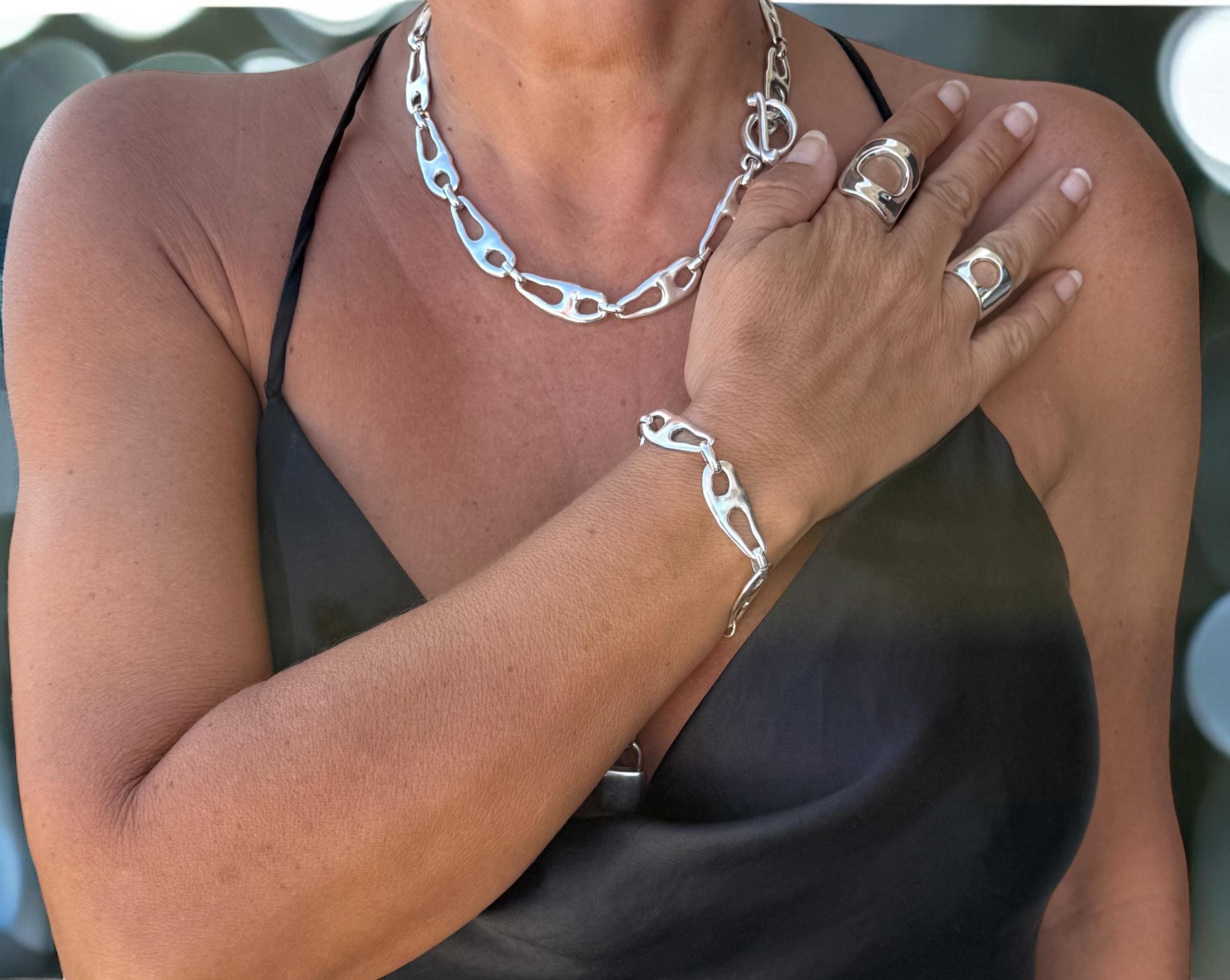 Chunky silver organic link bracelet with "love" padlock charm, Adjsutable bold statement cuff