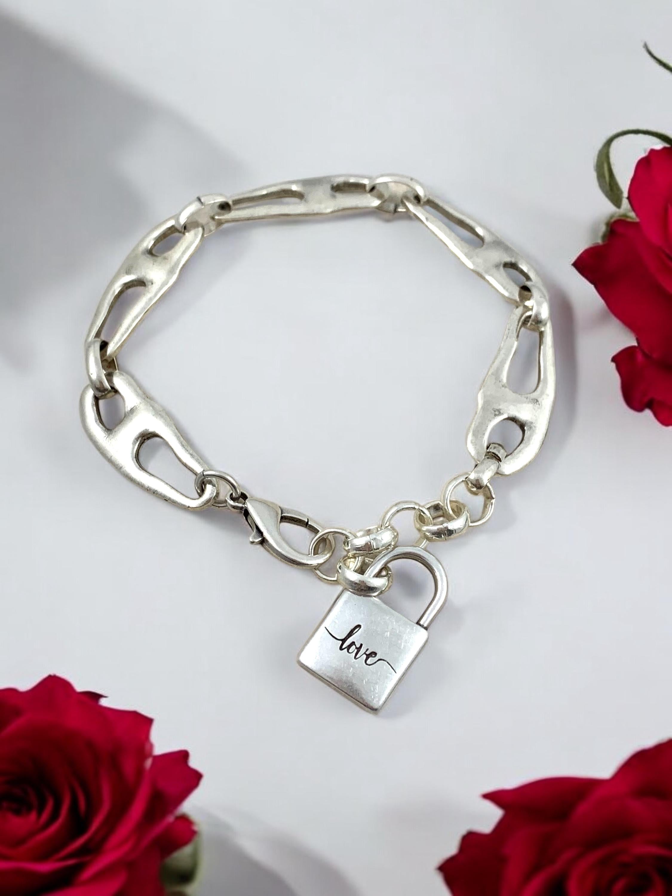 Chunky silver organic link bracelet with "love" padlock charm, Adjsutable bold statement cuff