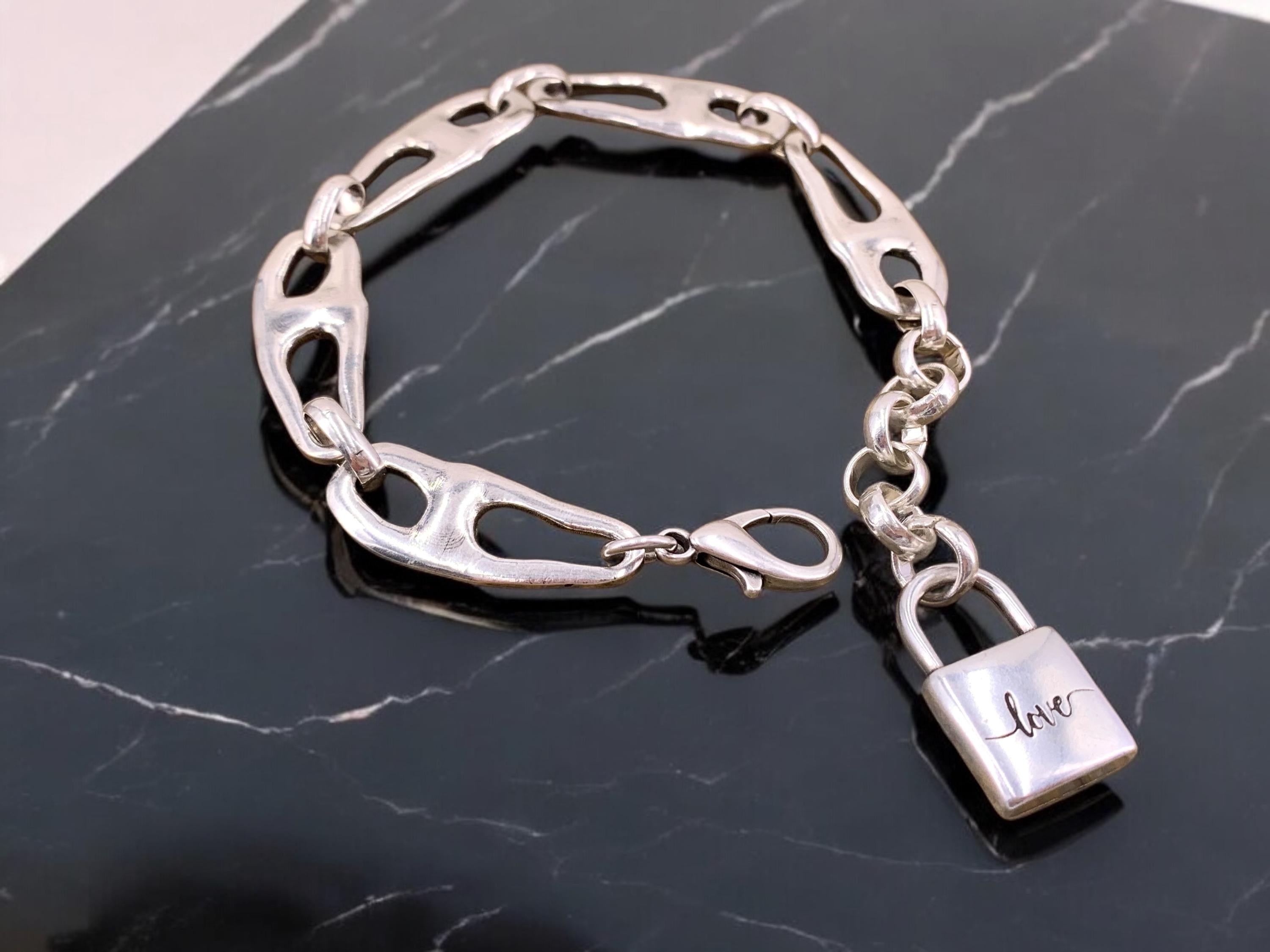 Chunky silver organic link bracelet with "love" padlock charm, Adjsutable bold statement cuff