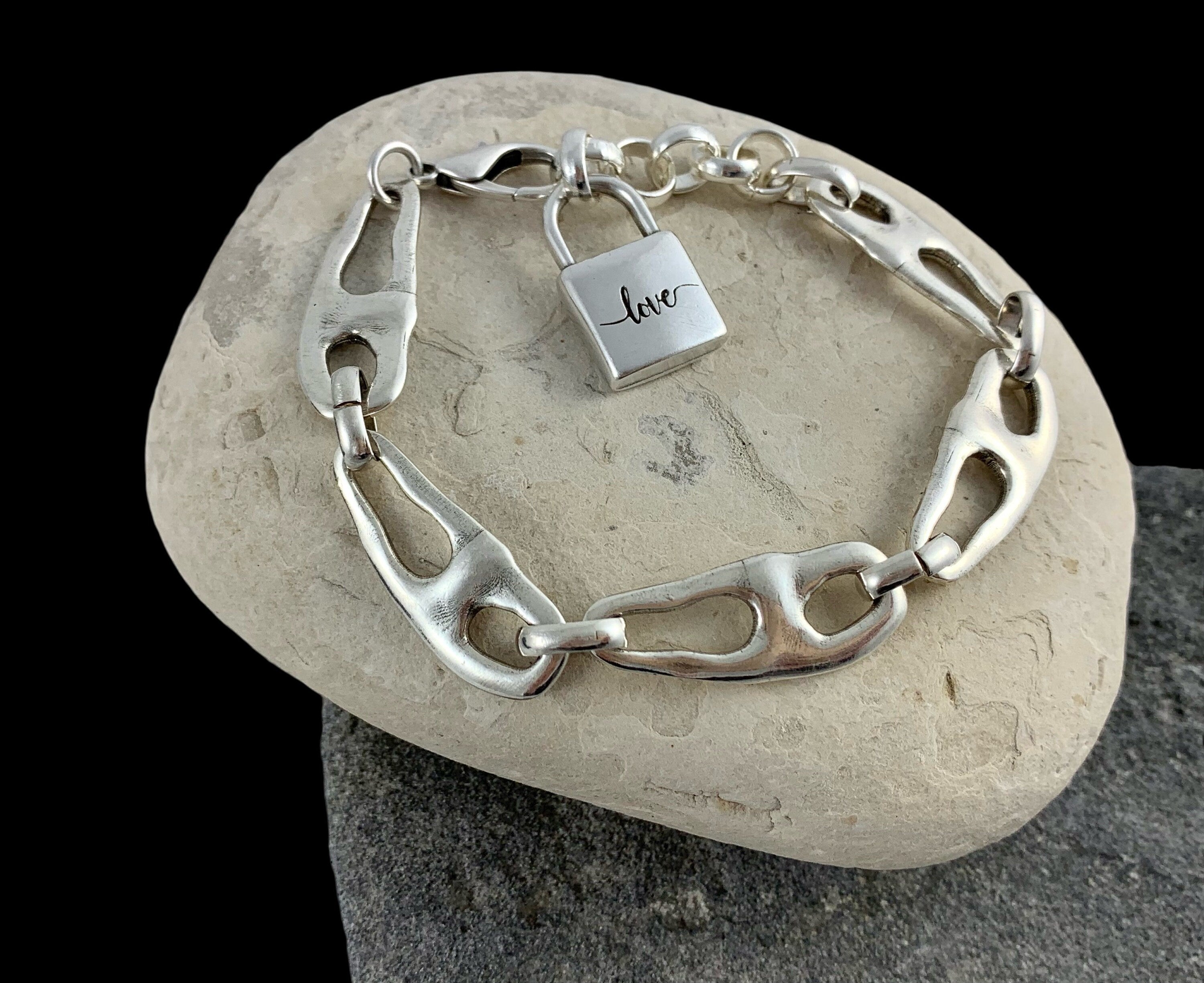 Chunky silver organic link bracelet with "love" padlock charm, Adjsutable bold statement cuff
