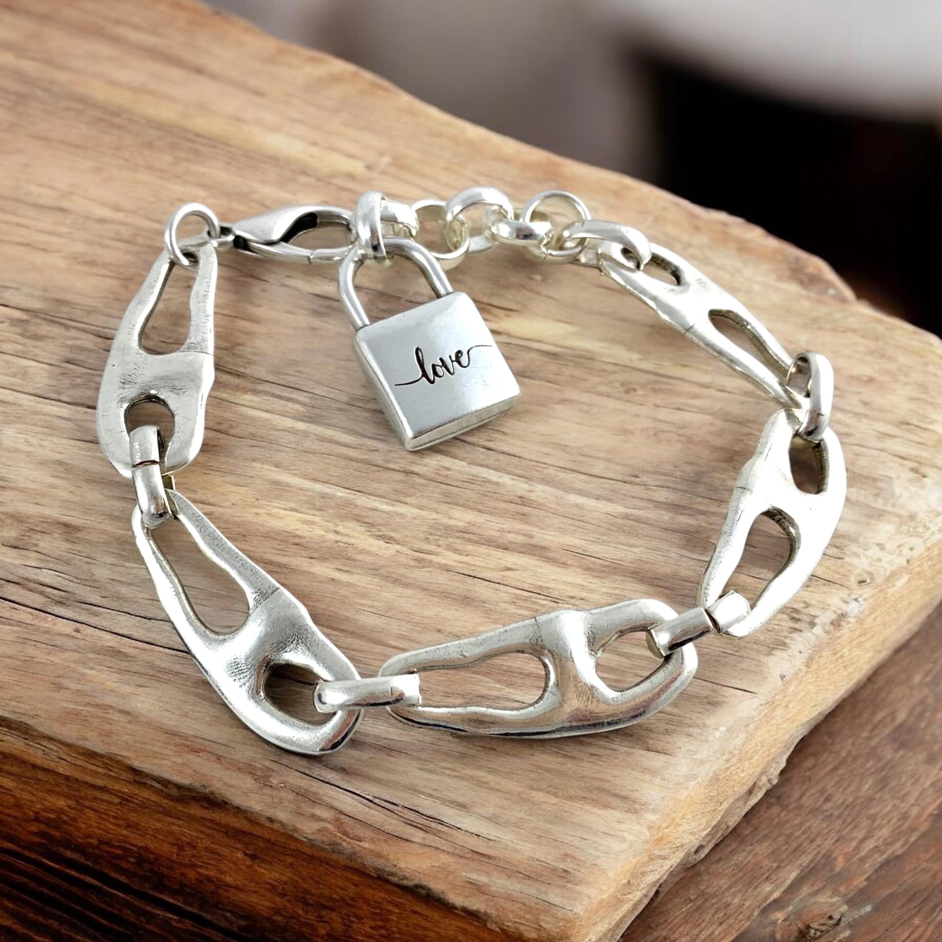 Chunky silver organic link bracelet with "love" padlock charm, Adjsutable bold statement cuff