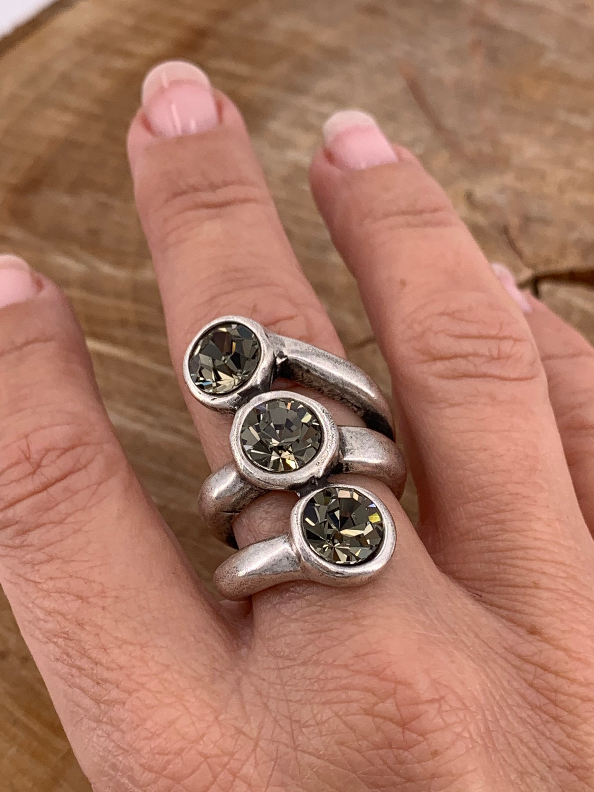 Voluminous ring, Swarovski ring, crystal ring, chunky oversized ring, silver wide ring, bold ring, uno de 50 style, silver antique ring