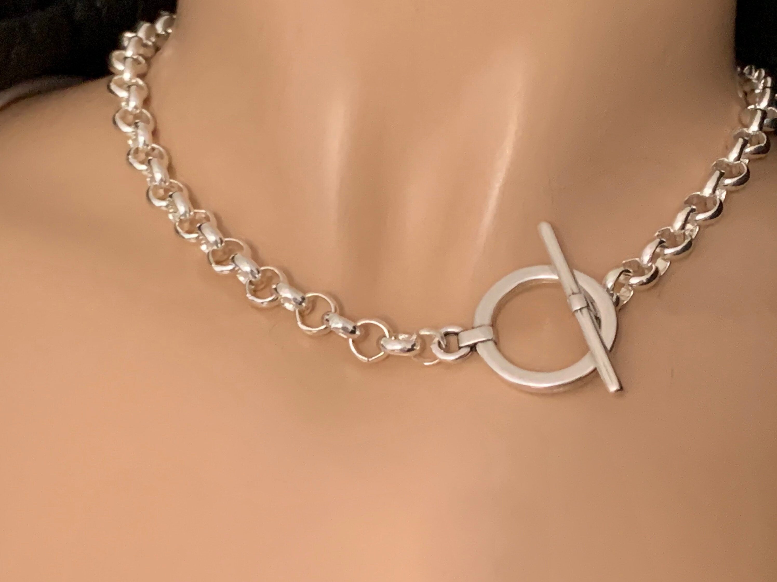 chunky silver chain necklace for women, silver chain toggle necklace, simple chain choker, bold chain necklace, 50 style necklace, gift