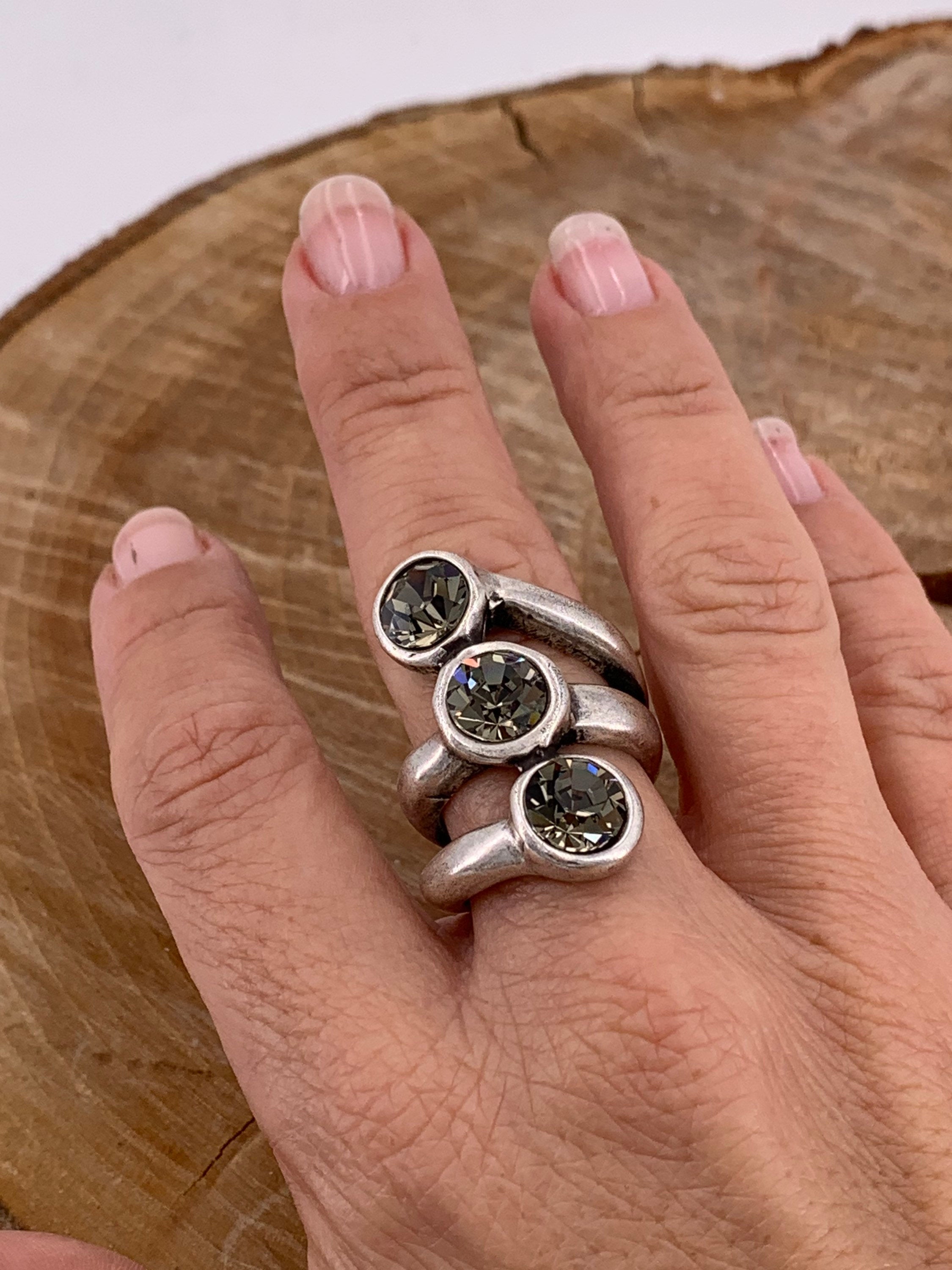 Voluminous ring, Swarovski ring, crystal ring, chunky oversized ring, silver wide ring, bold ring, uno de 50 style, silver antique ring